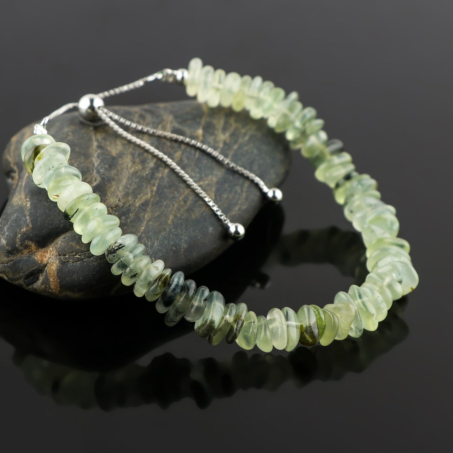 CRYSTALIS Natural Prehnite Plain Submarine Beads Adjustable Bracelet, High Grade Gemstones, Chakra Healing Stones, Gift Giving Jewelry, 925 Sterling Silver Womens Bracelet 8 inch
