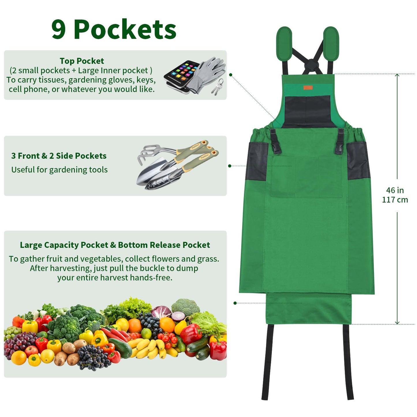 Garden Harvest Apron, Patioland Green Adjustable Fruit Picking Apron w/Bottom Release Pocket,Gardening Apron with Gloves for Women & Men, Fruit Picking and Foraging Apron for Gardeners,Gardening Gifts