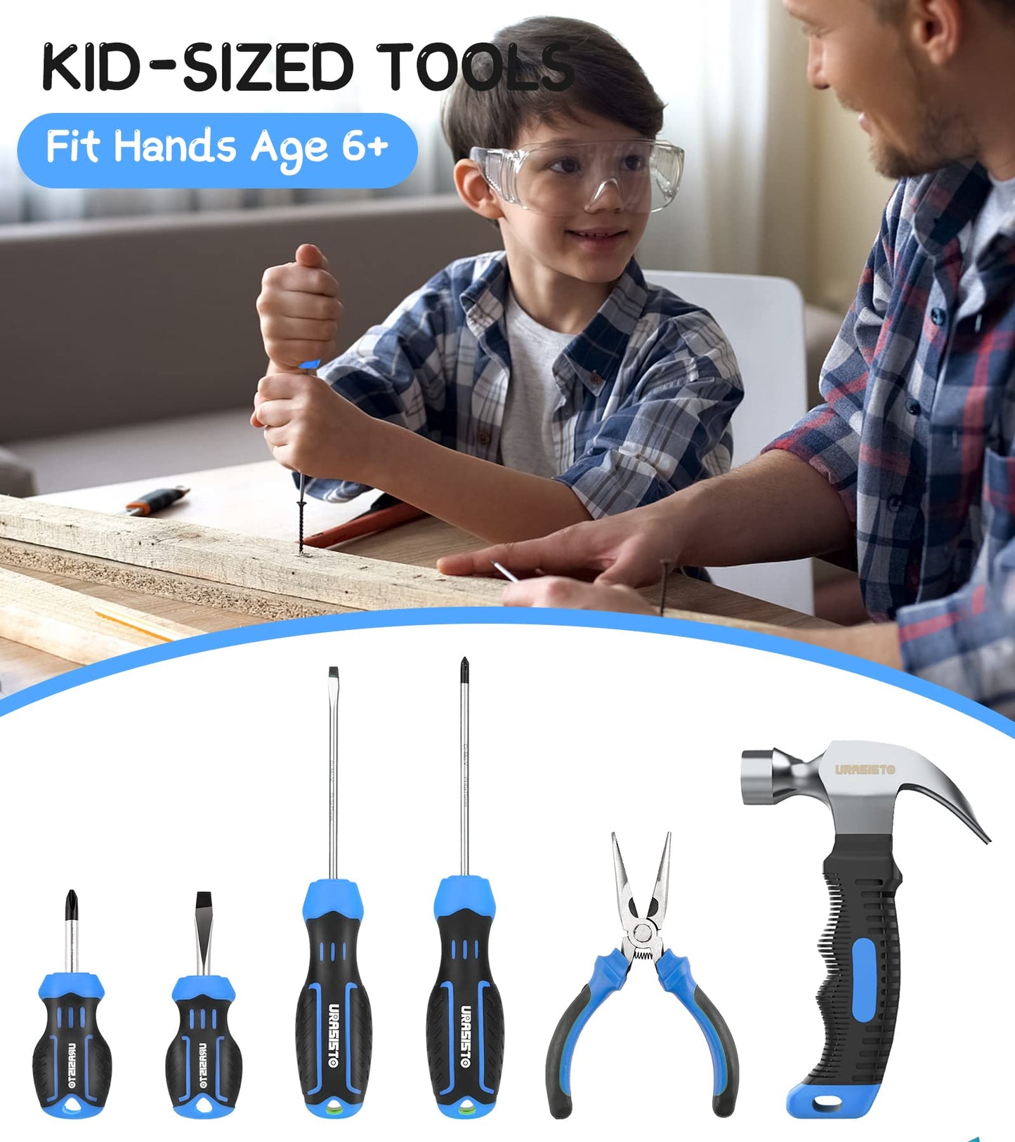 URASISTO 18-Piece Kids Tool Set with Tool Storage Bag, Junior Real Hand Tool Kit for Boys & Girls, Children Learning Tools for DIY Building and Woodworking, Age 8+