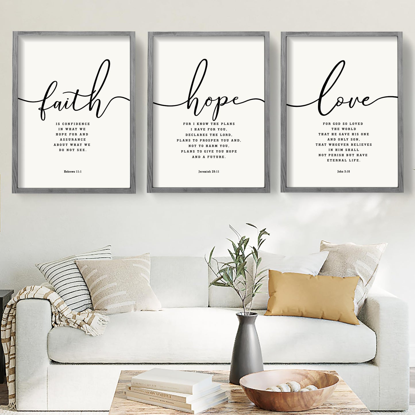 Houmury Set of 3 Framed Farmhouse Bible Verses Wall Decor Sign 11”x14” Christian Faith Scripture Wall Art for Home Living Room Bedroom Wall Decor (11"x14" Grey)