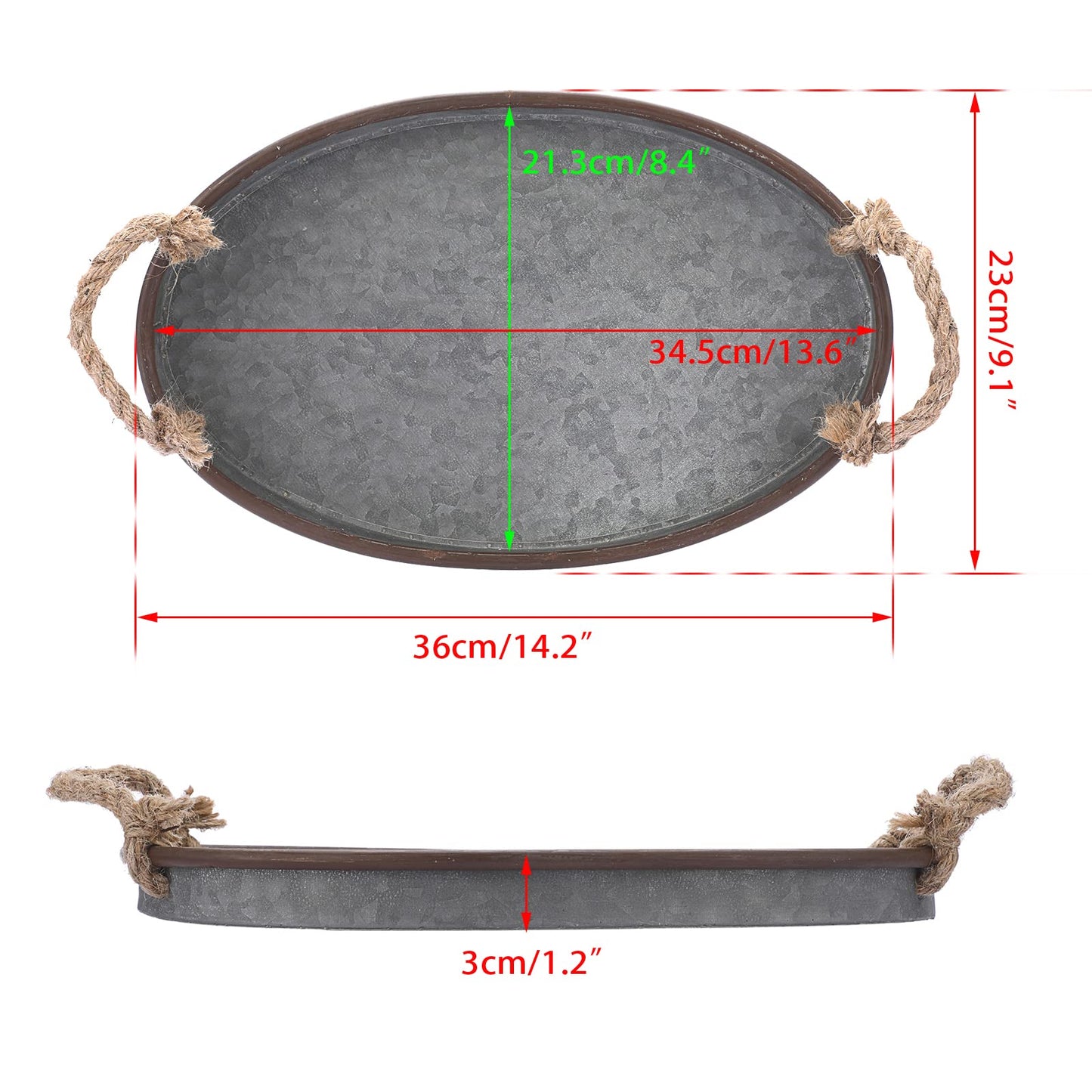 Hipiwe Galvanized Metal Iron Oval Tray with Rope Handle Farmhouse Serving Tray Rustic Industrial Decorative Centerpiece for Coffee Table Weddings and Parties Decor,Small