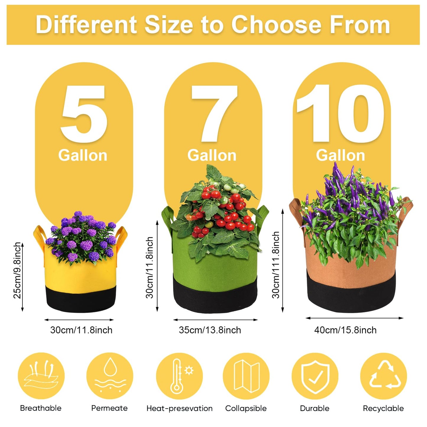 Xmpmrb Grow Bags 5Gal/7Gal/10Gal * 2 ，6 Pack Vegetable/Flower/Plant Grow Bags ，Plant Fabric Pots with Handles for Garden and Outdoor Planting (6 Colour, 5Gal/7Gal/10Gal*2)
