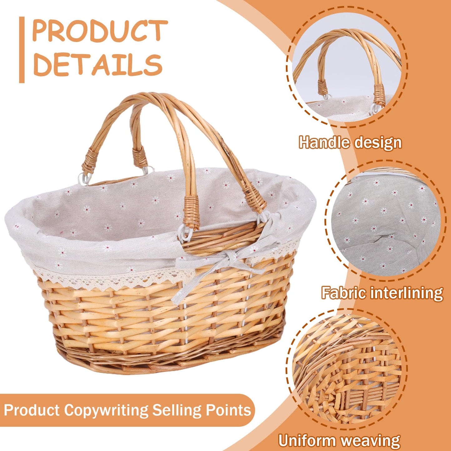 Large Handwoven Wicker Bread Basket with Handles,Bread Baskets for Serving Sourdough Proofing with Removable Liner,for Kitchen Counter Bread and Fruits Vegetable Storage(14.6inch)