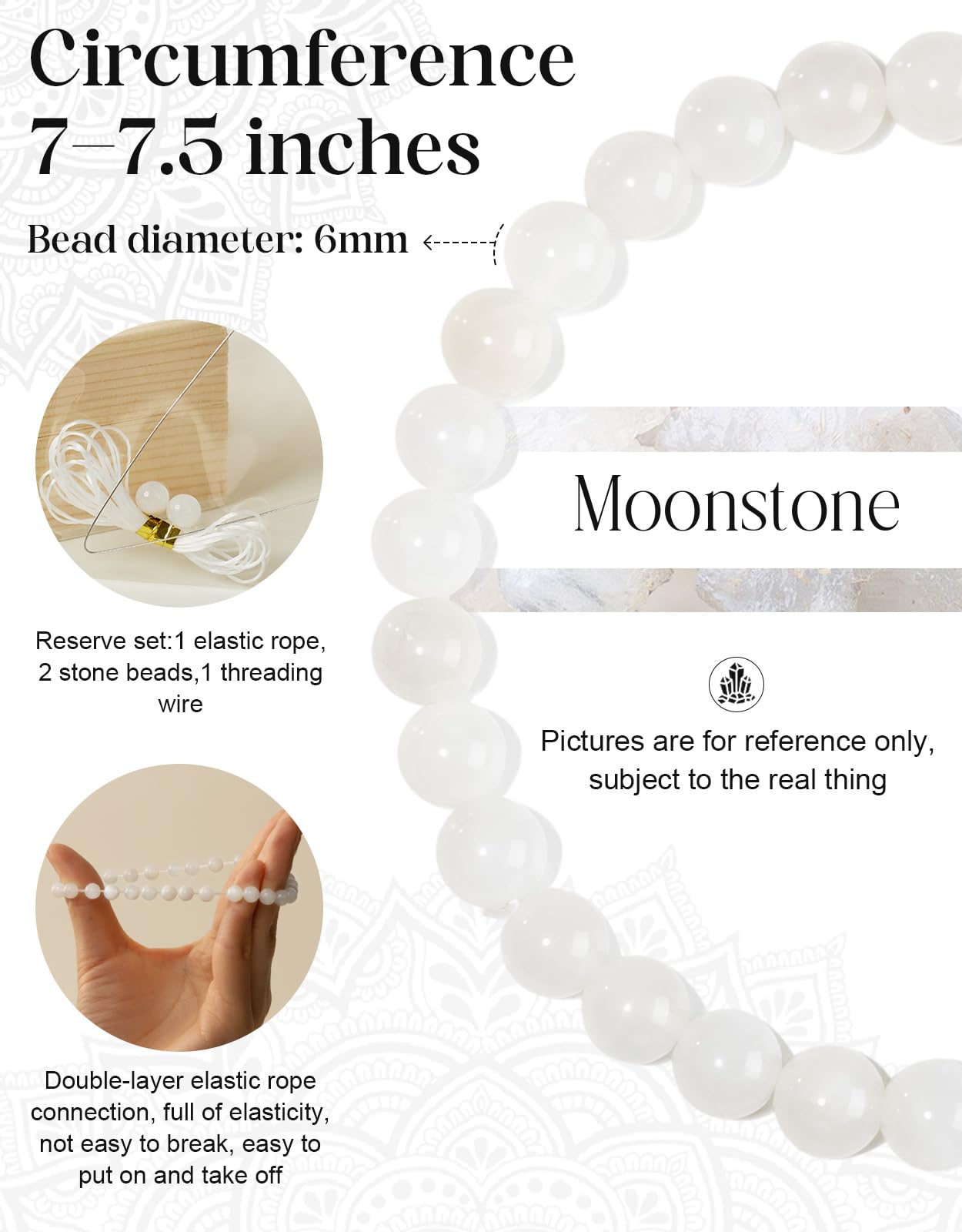 Landorilo Beaded Bracelet for Men Women, 6mm Natural Stone Moonstone Healing Crystal Stretch Bracelets, Ideal Christmas Birthday Jewelry Gifts with Energy Card，Replacement Beads Included