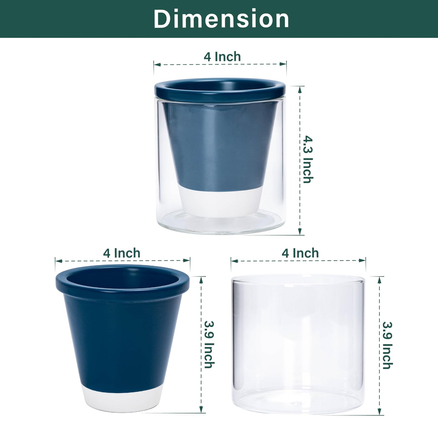 D'vine Dev 4 Inch Design Self Watering Planter for Indoor Plants, Blue Terracotta Pot with Cylinder Glass Cup, Set of 2, 37-Y-A-4