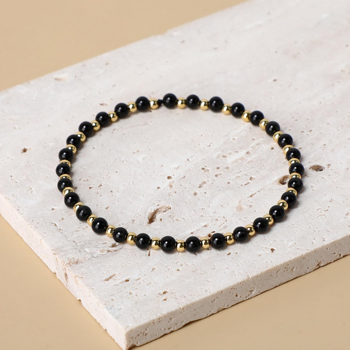 QOGIR Black Tourmaline - Psychic Protection - 14K Gold Plated Beads Natural Gemstone Stretch Elastic Dainty Healing Beaded Bracelets Gifts 4mm