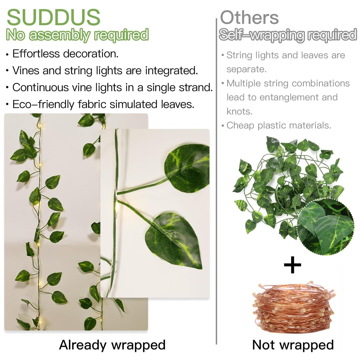 suddus Vine with Fairy Lights Battery Operated, 33ft100 LED Pothos String Lights with Remote, Leaf Lights for Bedroom, Room, Wall, Garden, Party, Wedding Dorm Decor(Warm White)