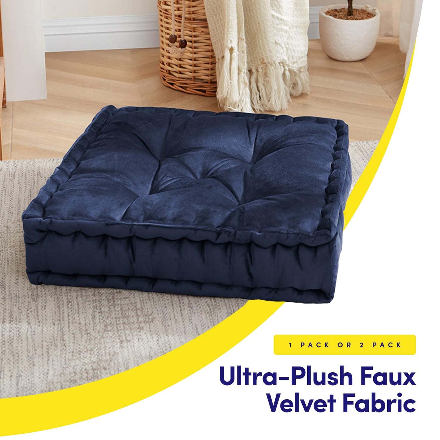 Floor Pillow Large Square Tufted Decorative Cushion 20" x 20" Faux Velvet Fabric Ultra Thick Fill for Kids and Adults, 1 Pack, Navy