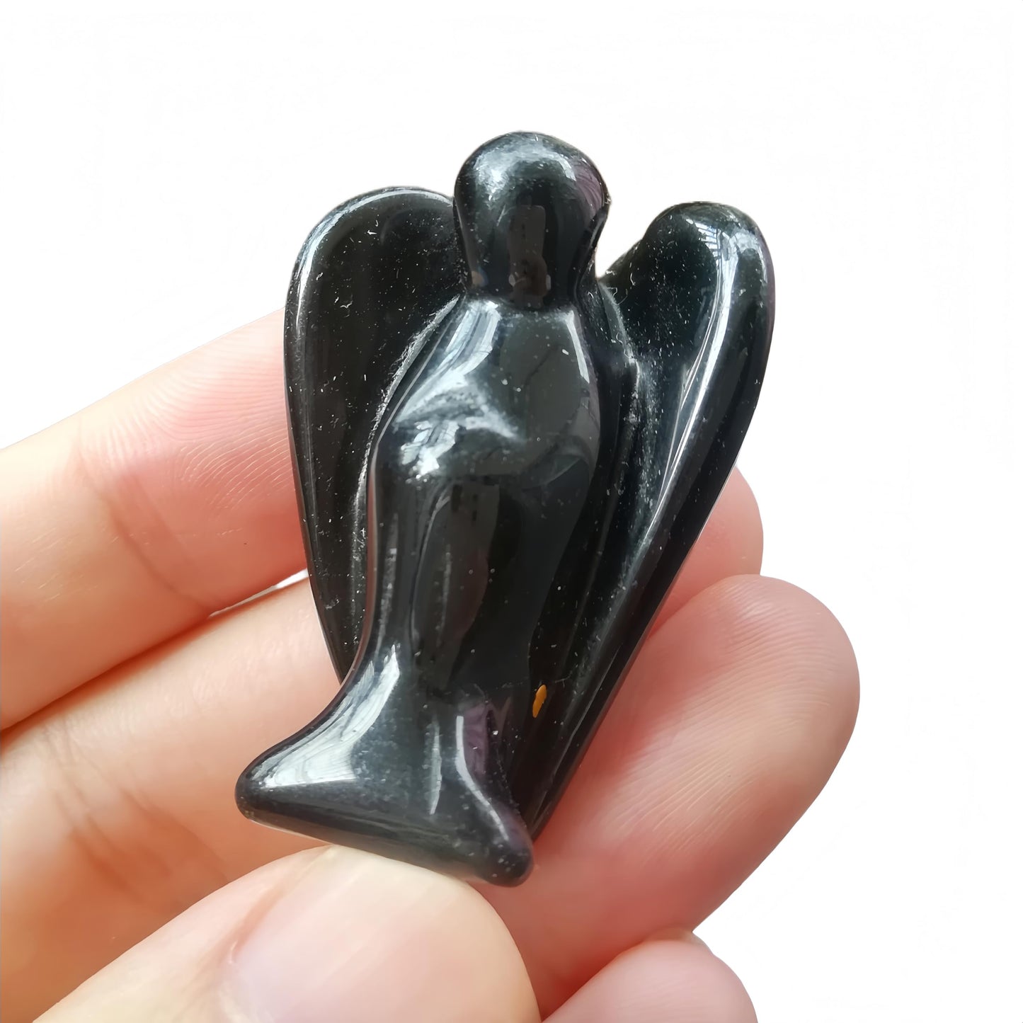 Afucats Natural Black Obsidian Healing Guardian Angel Indoor Decorative Stone,1.5 Inches Carving Pocket Palm Statue,Gift for Her Christmas Décor