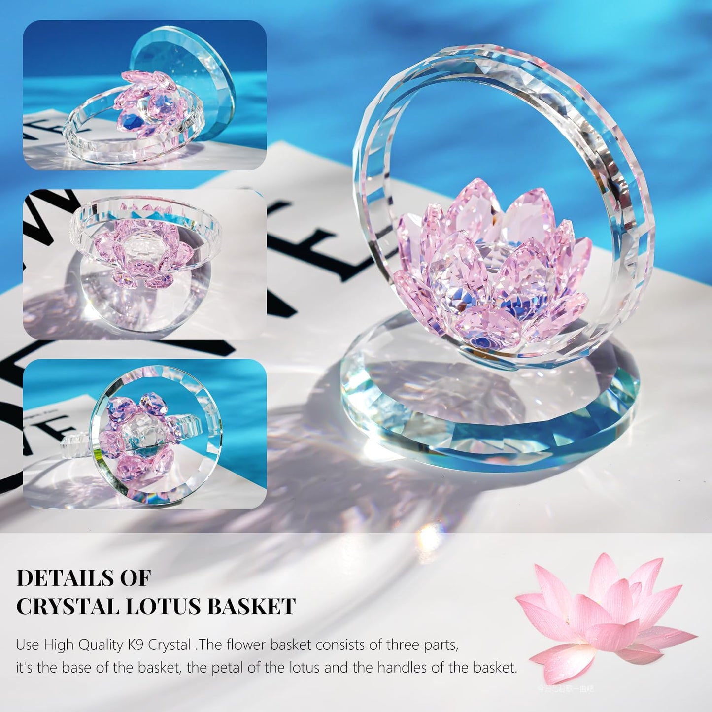 H&D HYALINE & DORA Pink Crystal Lotus Flower Basket Figurine Crystal Lotus Figurine Collectible Glass Flower Basket Ornament for Home Tabletop Centerpiece Decor
