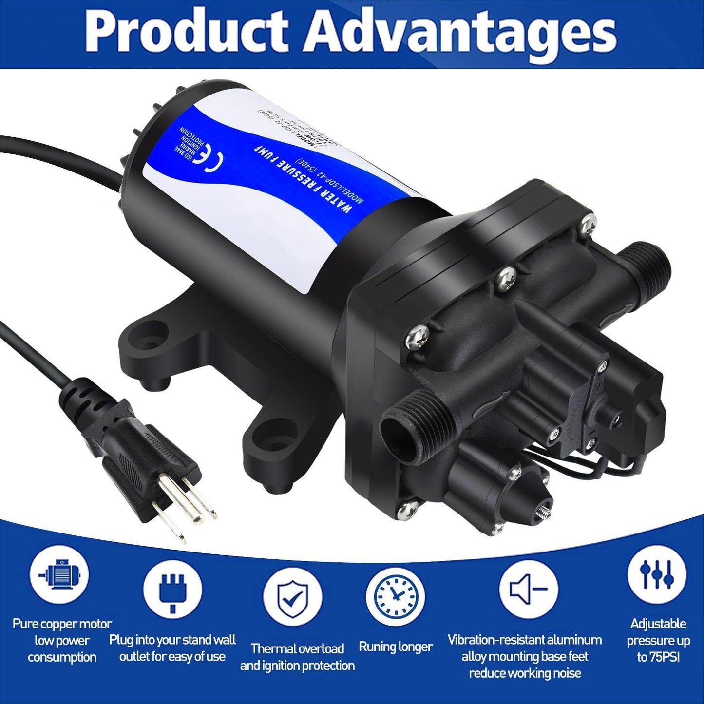 TDR Venus 110V AC Water Pressure Booster Pump, 5.5 GPM 75 PSI Diaphragm Transfer Pump with Automatic Pressure Switch, Quiet Self-Priming Pump for RV, Home, Garden Hose & Irrigation