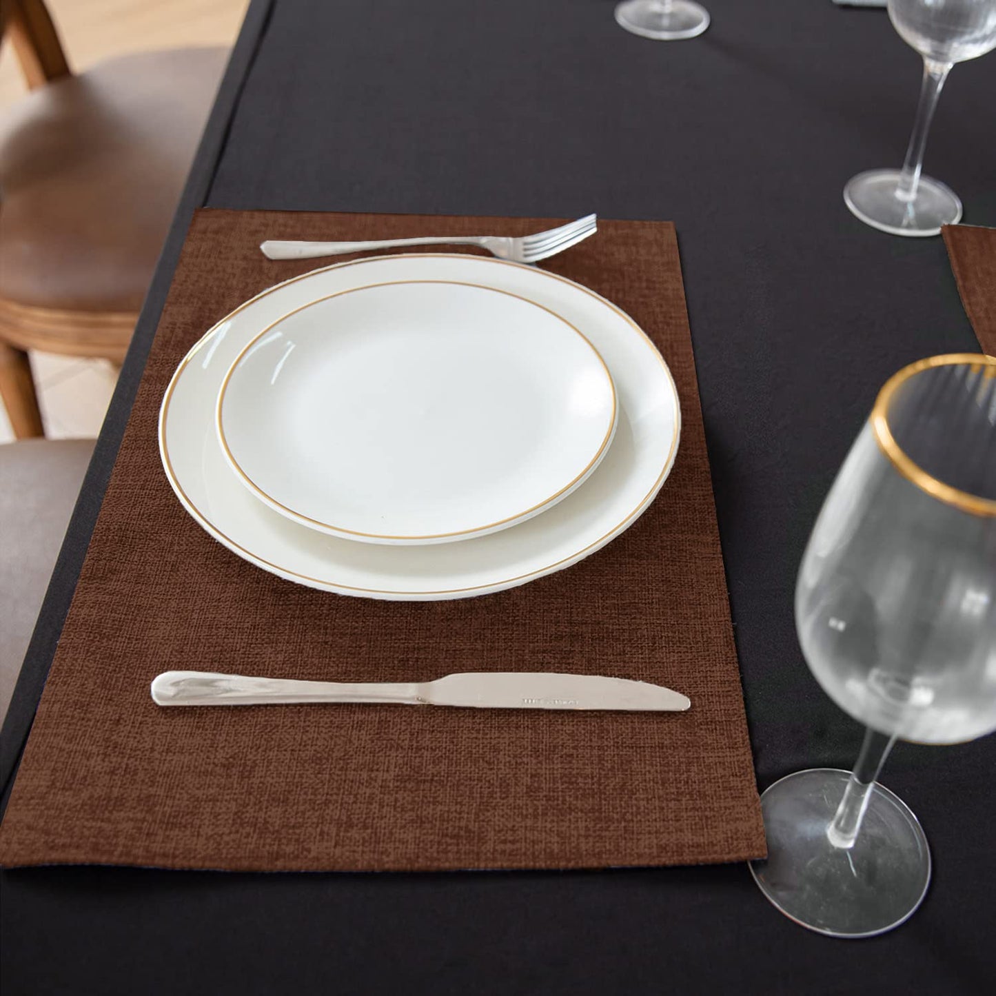 Rinpon Cloth Placemats Set of 8, Linen Type Fabric Placemats Machine Washable Heat Resistant Placemats Wrinkle Free Thick Polyester Kitchen Place Mats for Dining Table (Dark Brown)