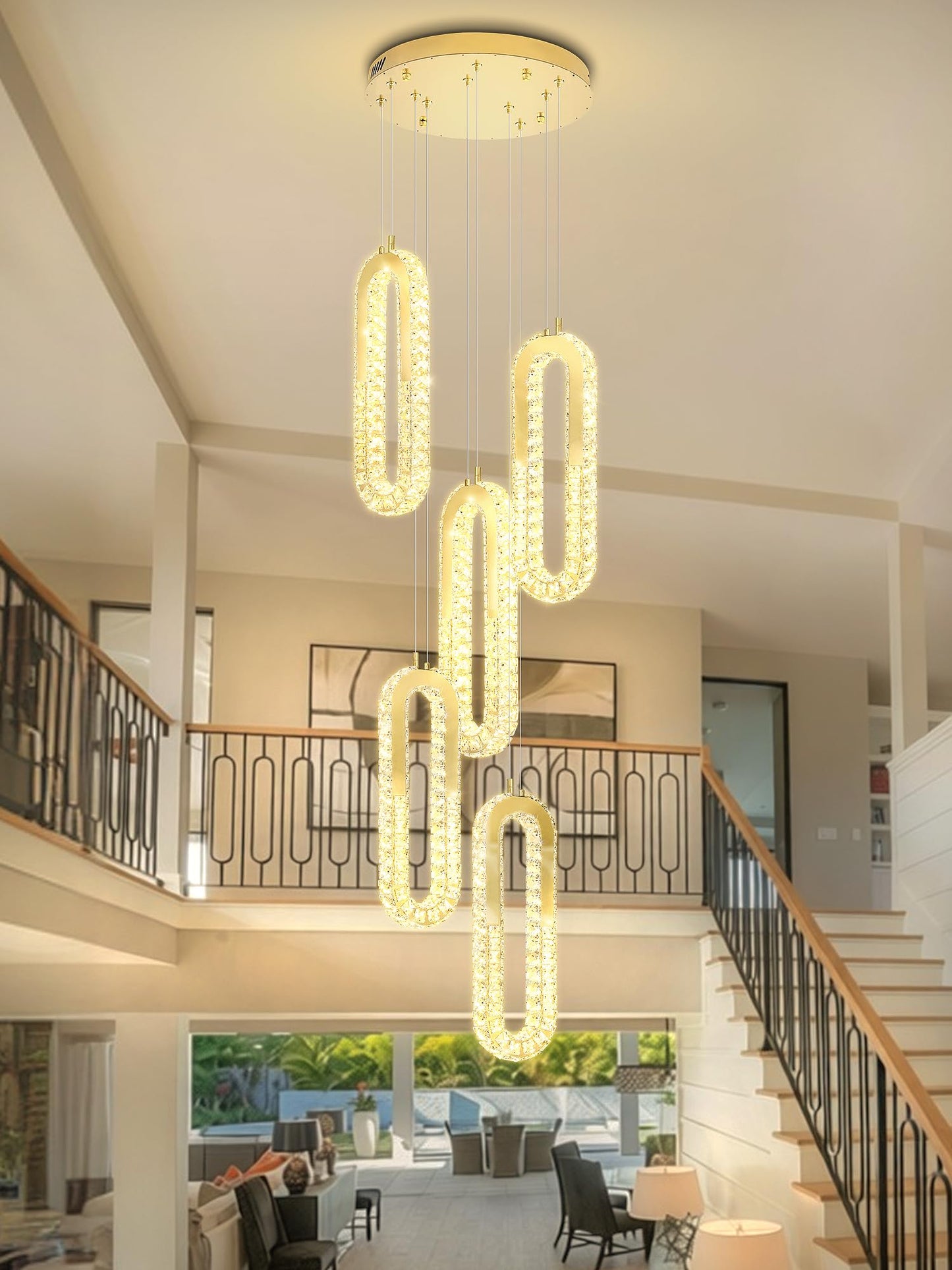 ykolupty 5-Lights Modern Crystal Chandelier for High Ceiling LED Dimmable Ring Pendant Chandeliers Stairwell Chandelier Lighting Gold