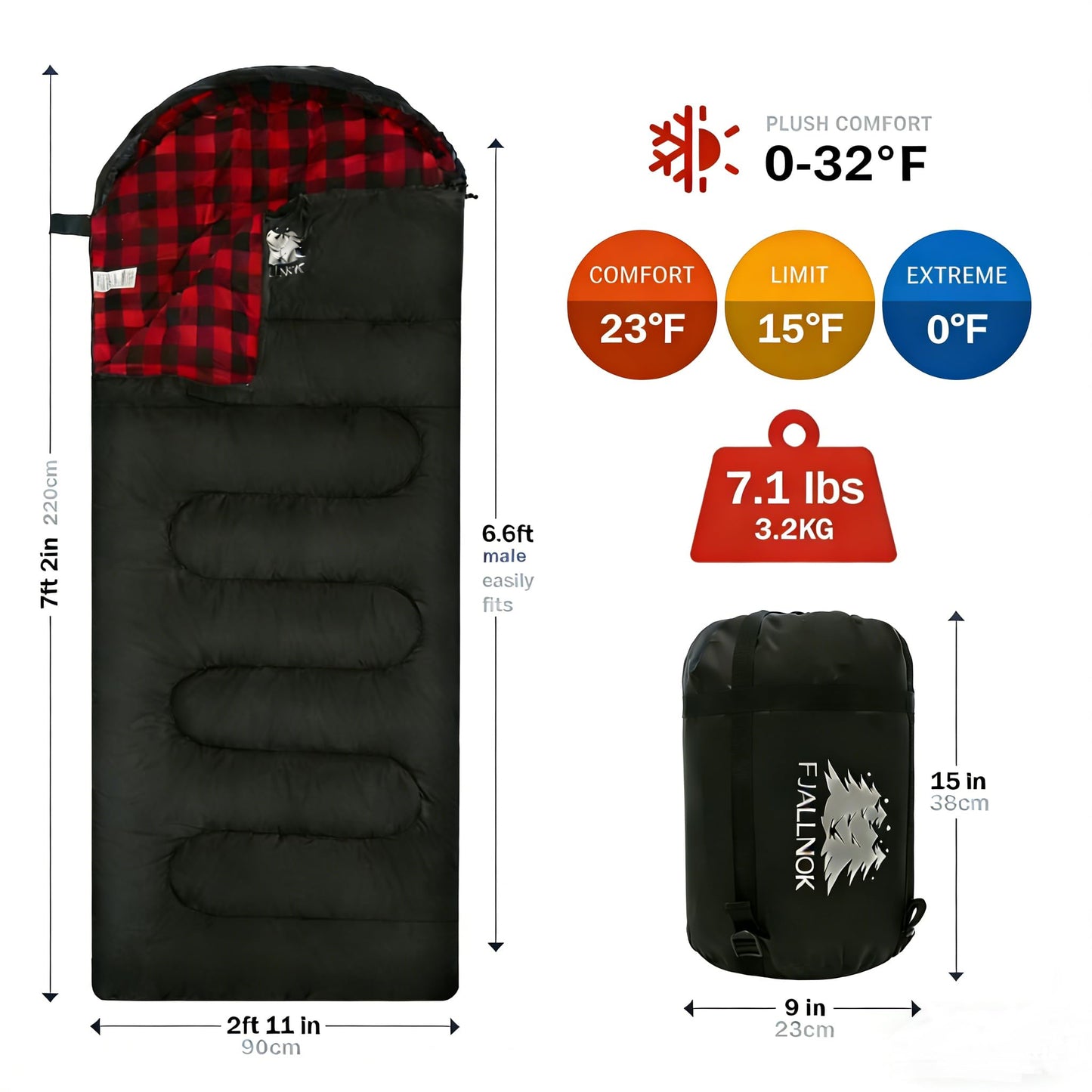 FJALLNOK Warm & Cold Weather Sleeping Bag,100% Cotton Flannel,Extra-Large for Adults & Kids,Lightweight Waterproof for Camping Hiking and Backpacking,Free Compression Sack (0-32℉- Black/Red)