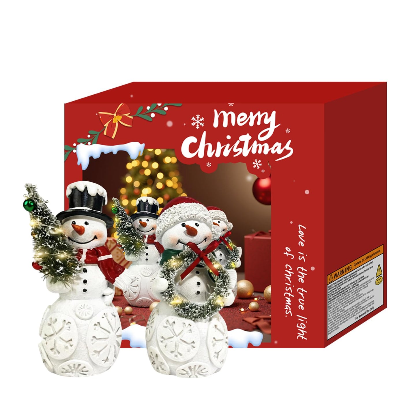 LFLKPY Snowman Christmas Decorations Set of 2 with LED Lights, Resin Light Up Snowman Figurines with Tree & Wreath, Battery Operated Holiday Tabletop Decor for Xmas Home, Mantel, Shelf, Gift