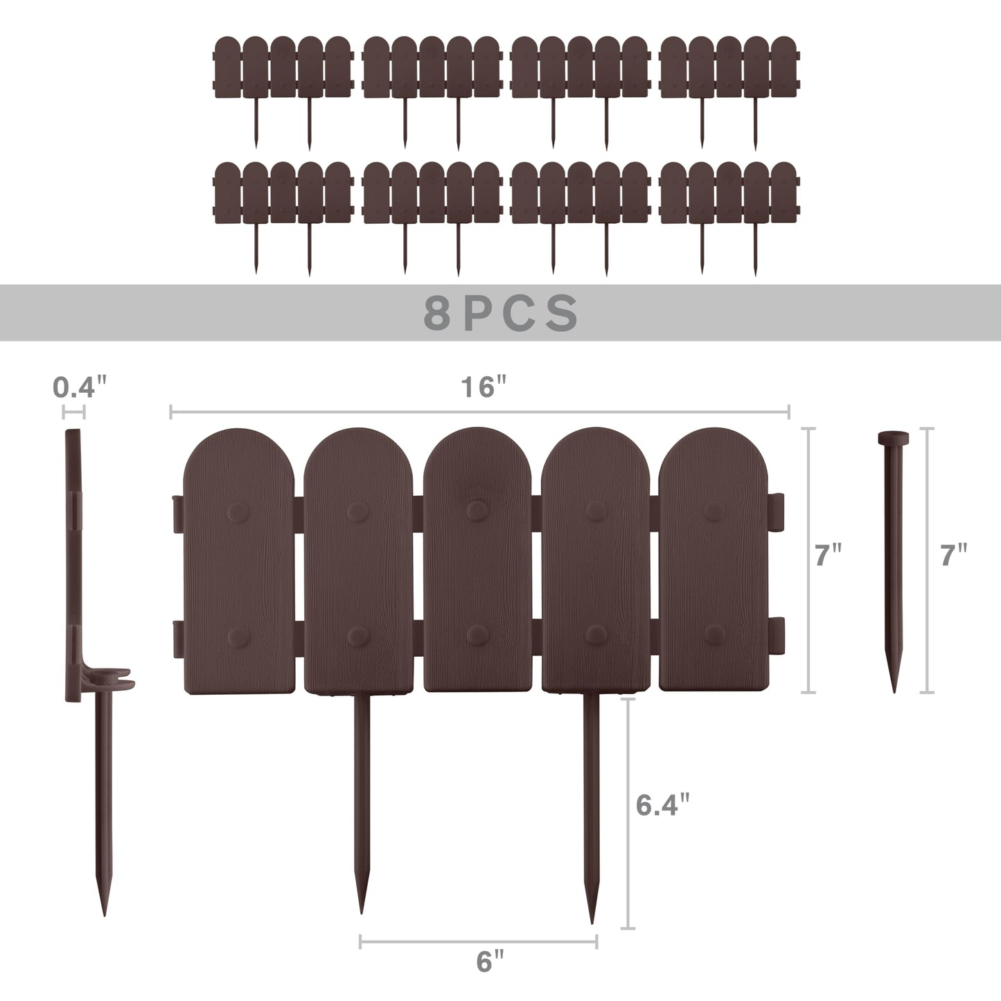 Evelyne Garden Border Plastic Edging: Wooden Fence Design - 8pcs Brown Yard Landscaping Fence Liner Lawn Edge Barrier - 10ft Kit of Decorative Lawn Panels Elements -Landscaping Edging-GMT-10374-A08