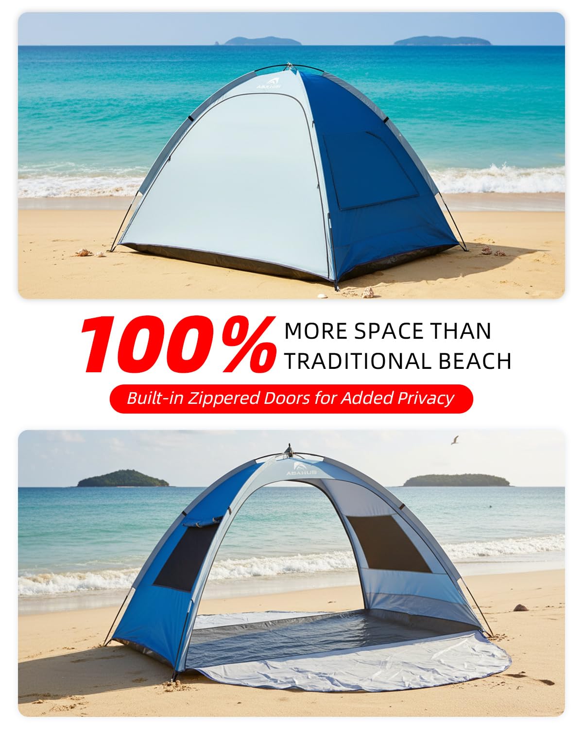 Abahub 3-Person Beach Tent Sun Shelter, UPF 50+ UV Protection Portable Sun Shade with 2 Doors and 2 Mesh Windows, Lightweight Beach Cabana for Beach, Camping, Fishing & Outdoor Activities