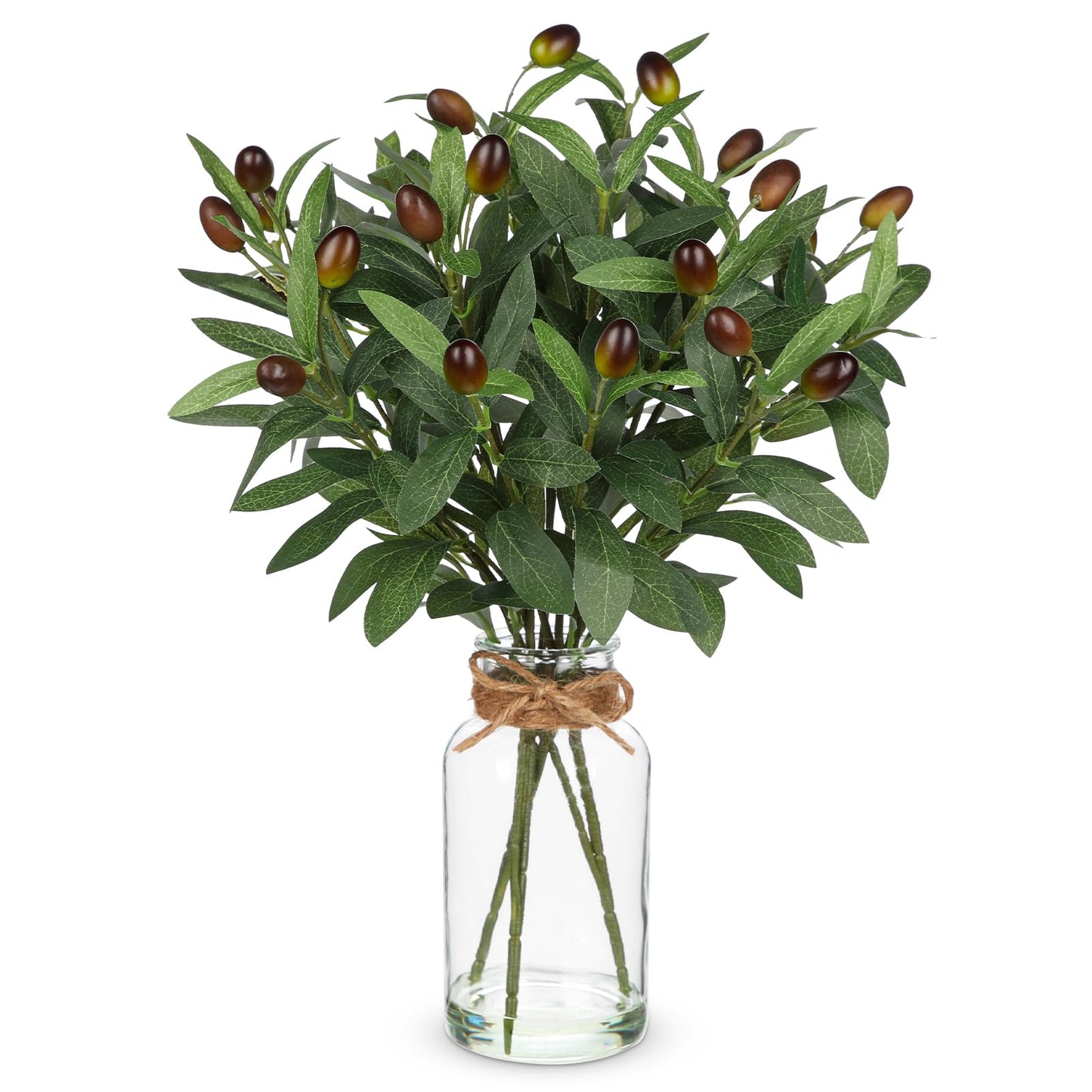Hollyone Artificial Olive Branch in Glass Vase with Faux Water 15.7" Fake Plants Olive Leaves Stems for Indoor Shelf Desk Home Bathroom Wedding Table Centerpiece Decor