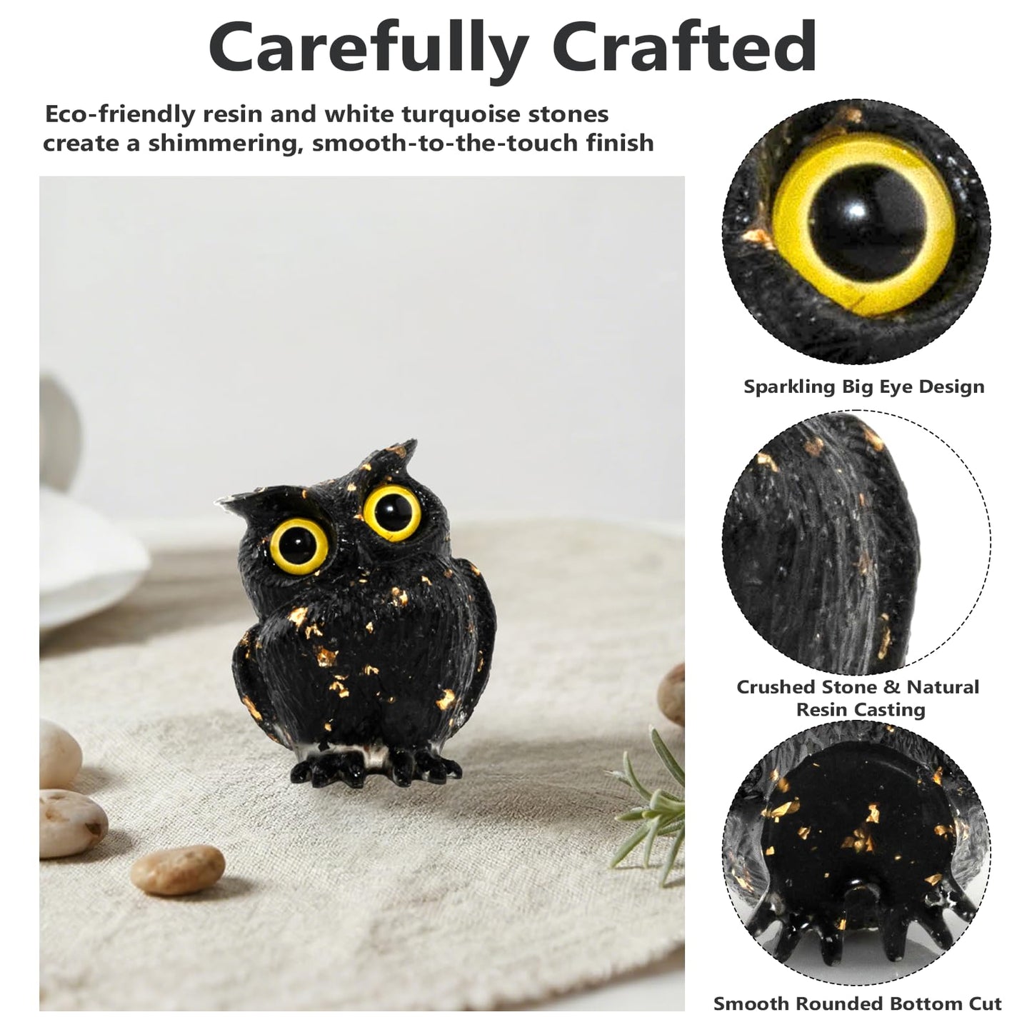 PinpinPony Owl Statue, Natural Gemstones Decor for Home Office, Shelf Display Figurine, Handcrafted Unique Owl Sculpture(Black)