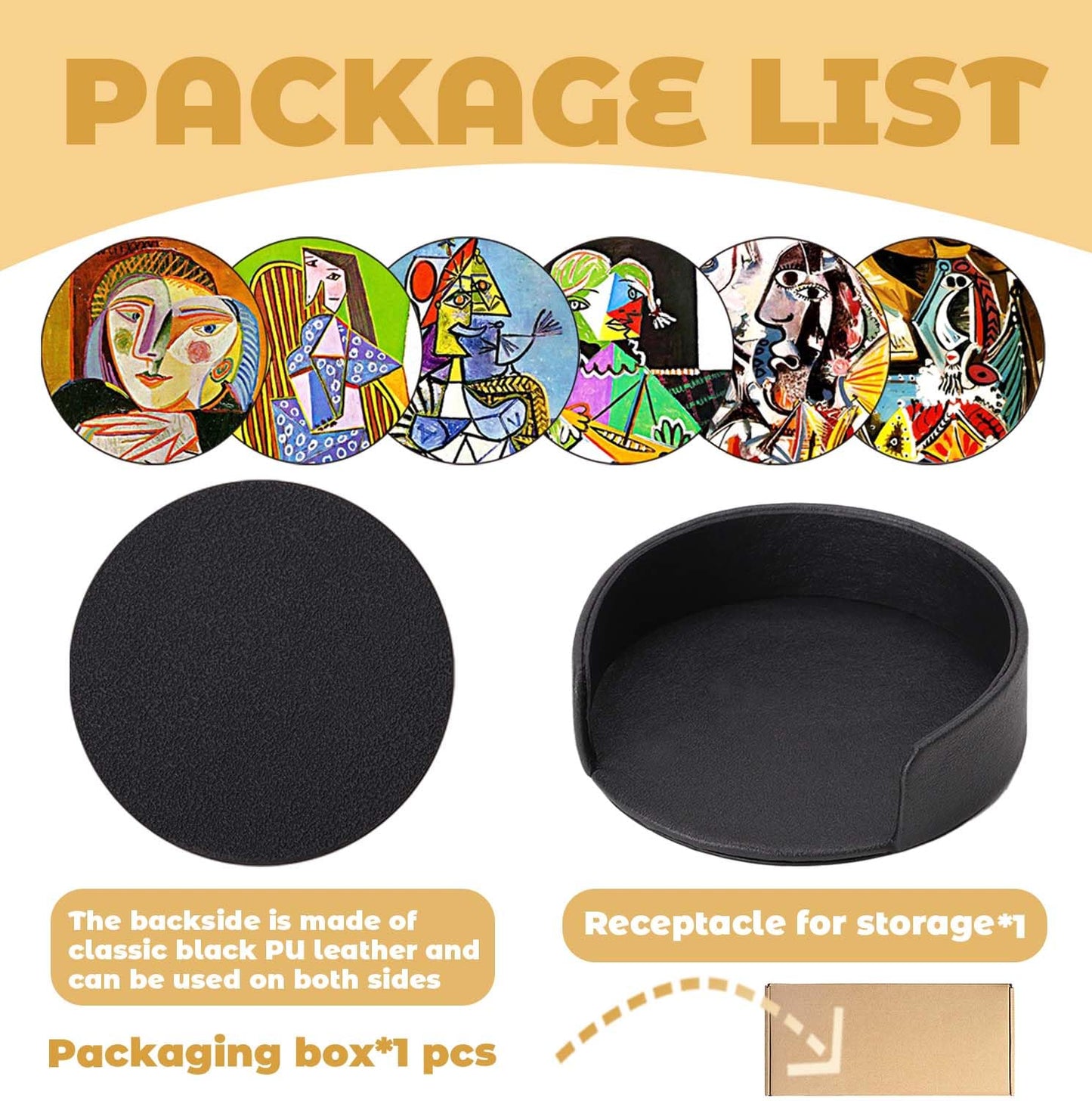 ABCHCHS Coasters Set of 6 - Pablo Picasso Style- PU Leather Coasters for Drinks with Holder - Handmade Round Drink Coasters Set for Home Decor and Housewarming Gift