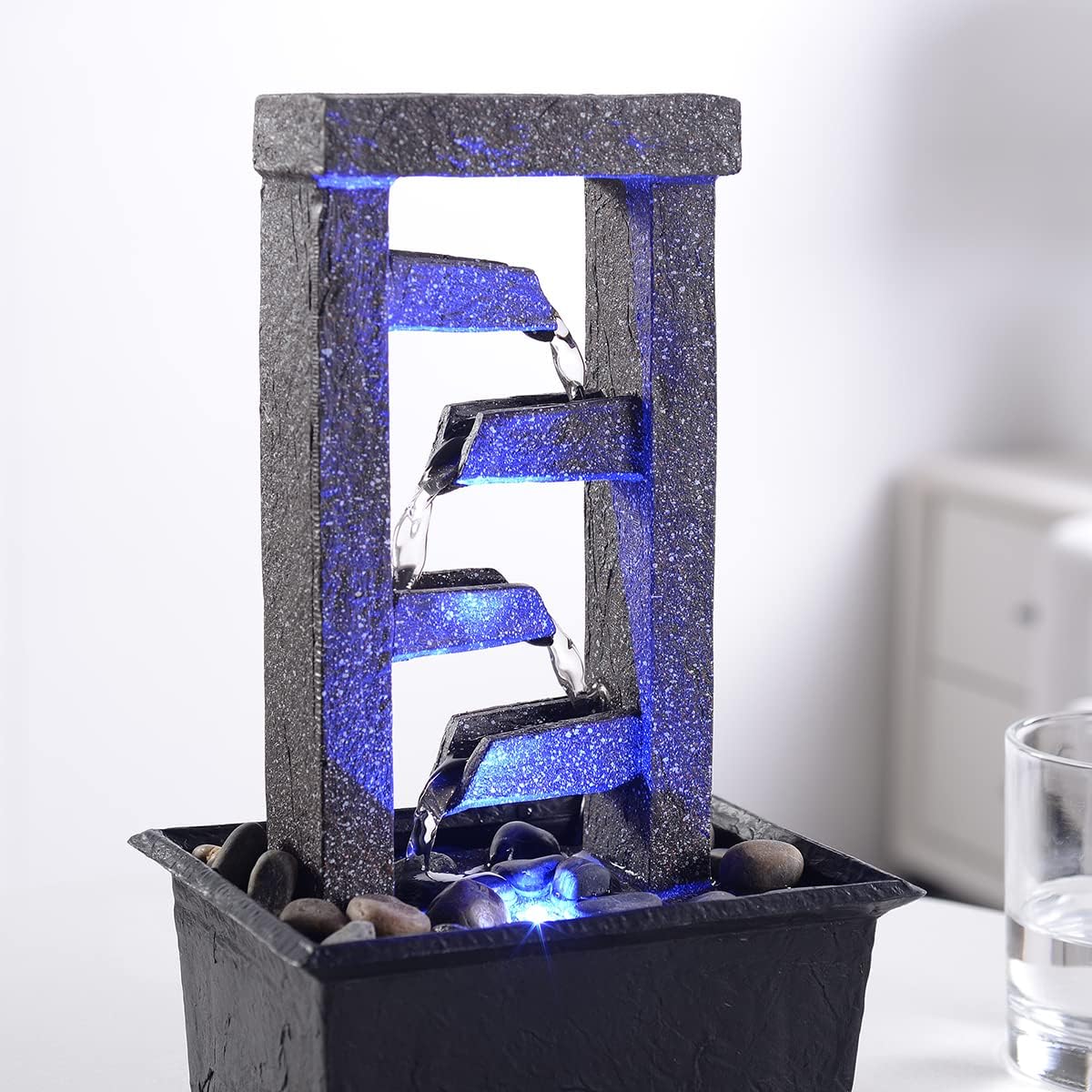 GOSSI 10" 4-Tier Tabletop Waterfall Fountain with Natural River Rocks, LED Lights, Resin Indoor Water Feature for Home Office Decor, Meditation Relaxation Gift