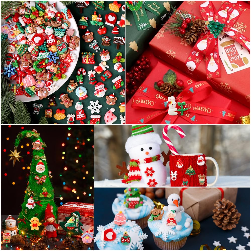 Vellibring 120PCS Christmas Cute Resin Flatback Slime Charms，60 Styles Bulk Christmas Cartoon Making Kit Decorations for Holiday DIY Craft Phone Cases Nails Scrapbooking
