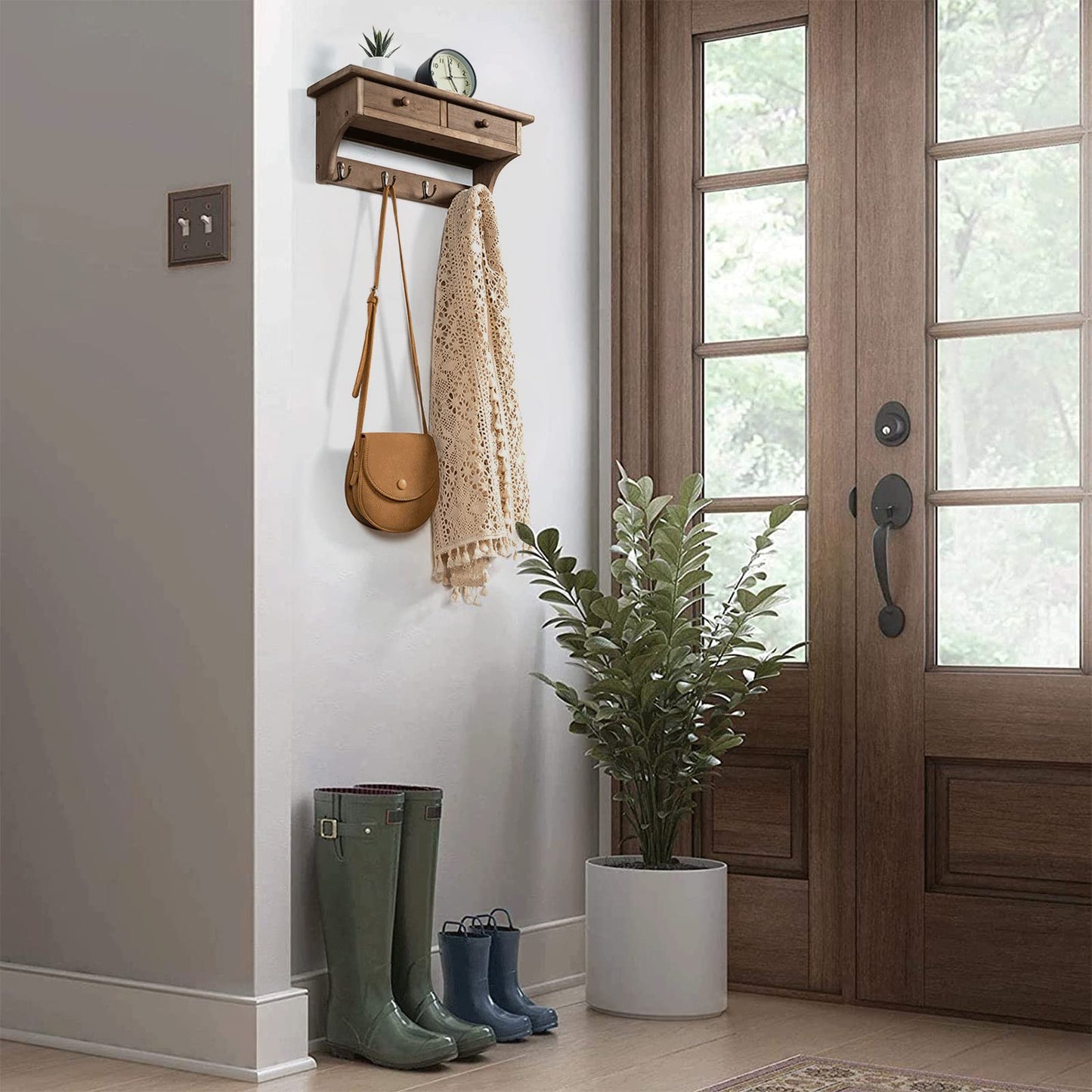 Emfogo Coat Hooks Mounted, Rustic Wood Coat Rack Mount Shelf with Hooks, Farmhouse Coat Rack with Shelf & Coat Hook for Entryway, Mudroom, Bedroom, Kitchen, Bathroom(Walnut)