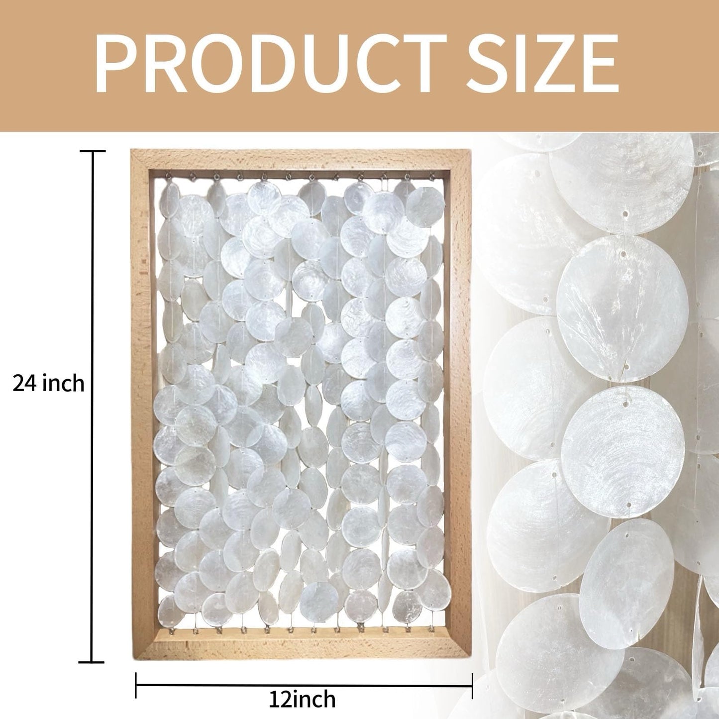 Vechor Handmade 24"x15.7" Capiz Shell Wall Art, Coastal Beach Décor，Solid Wood Frame, Natural White Seashell Hanging for Living Room, Bedroom, Office