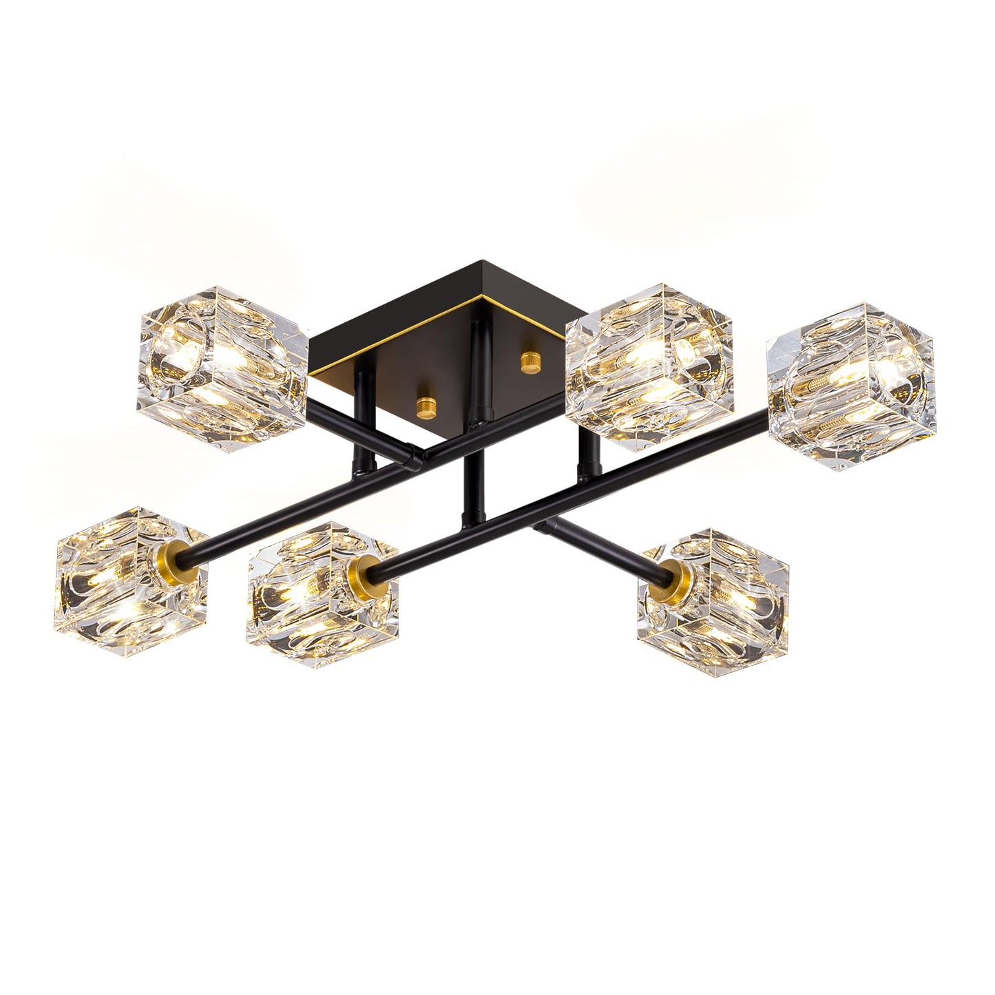 Semi Flush Mount Ceiling Light Fixture,6-Light Modern Crystal Chandeliers,Black and Gold Farmhouse Lighting Fixtures for Dining Room Living Room Kitchen Bedroom Entryway