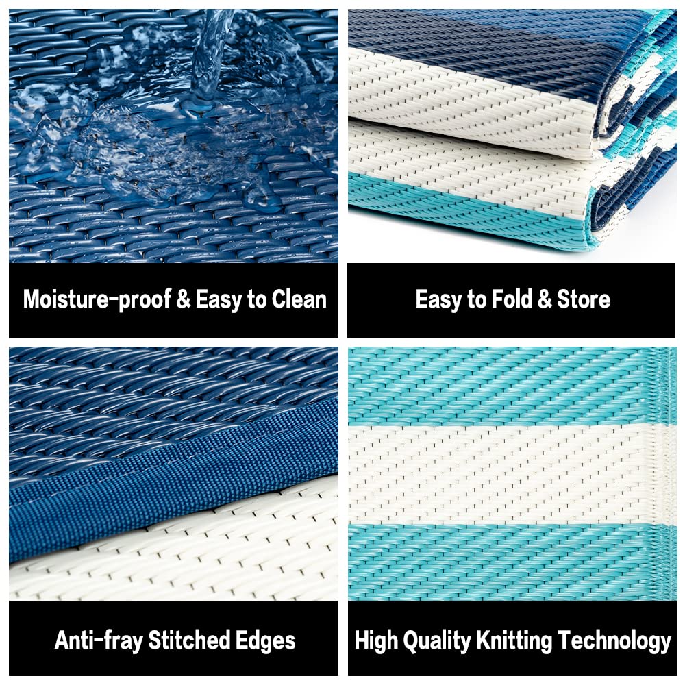 HUGEAR Outdoor Waterproof Rug 9'x12' Plastic Straw Rugs Washable Reversible Floor Mat Blue Stripe Carpet for Camping RV Deck Entryance Porch Picnic Balcony Beach Backyard