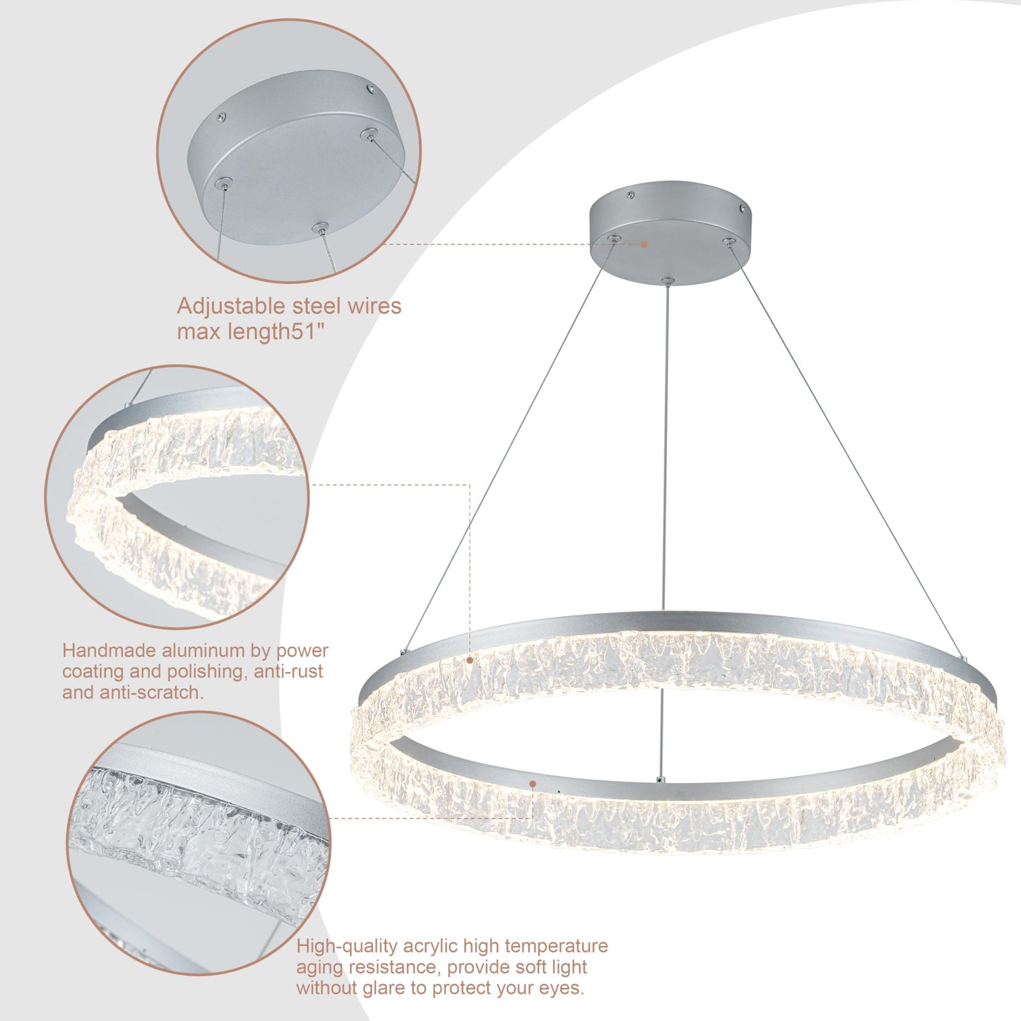 MADEM Modern Silver Led Pendant Light,36W Dimmable LED Chandelier Lighting Fixture, 1 Ring Circular Hanging Led Pendant Lighting for Living Room Dining Room Kitchen Island Foyer Office