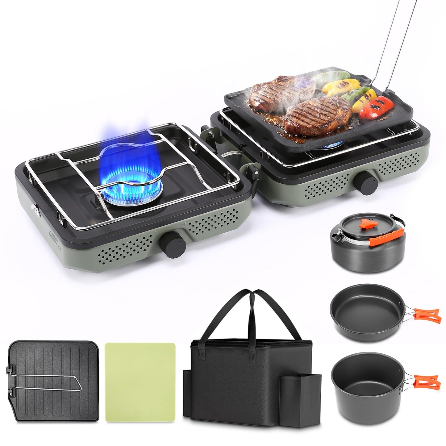 Hisencn 2 Burner Propane Camping Stove, 30000 BTU Foldable Portable Gas Stove with Cookware Set & Carry Bag, Outdoor Cooking for Camping, RV, Emergency Use, Green