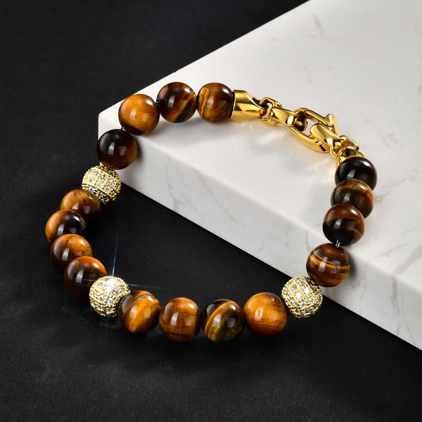 Gifts for Men-Tiger's Eye Stone Beaded Bracelet,Real 8mm Natural Gemstone Chain Beads Bracelets with Stainless Steel Clasp,Designer Jewelry Gift for Boyfriend Husband Son,Birthday Anniversary,8.25''