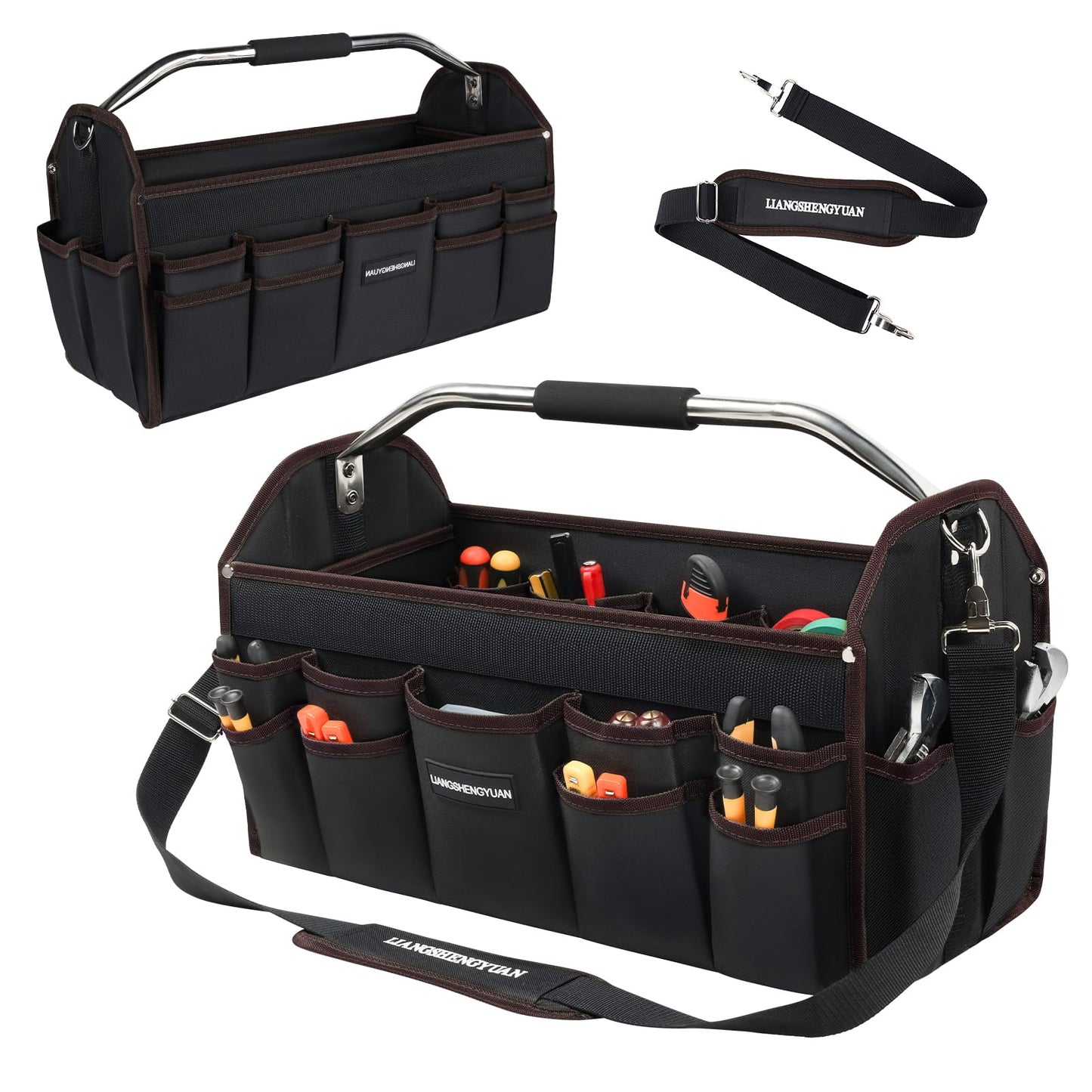 16 In Tool Carrier, Open Top Tool Tote 30 Pockets, Waterproof Tool Bag For Men, Foldable Wide Mouth Electricians Tool Bag, With Stainless Steel Handle and Removable Shoulder Strap
