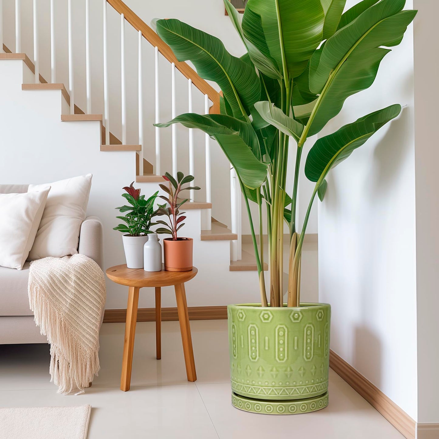 Eightpot Ceramic Planter - 12 Inch Pots for Plants Indoor Outdoor, Round Large Flower Pots with Drainage Hole and Saucer, Decorative Boho Planter, Home Office Decor, Plant Lover Gifts, Green