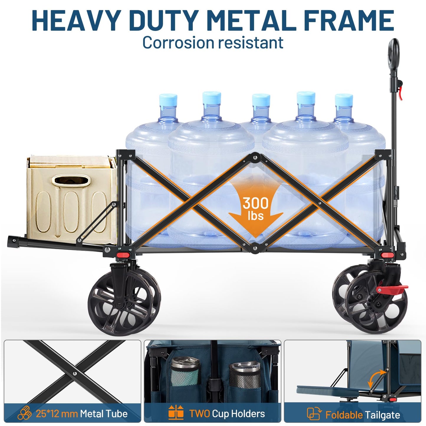 Timber Ridge 47" L Collapsible Wagon with Tailgate & Brake, 300 lbs Heavy Duty Beach Wagon with All-Terrain Big Wheels, 250L Foldable Utility Cart for Sand Camping Sports Shopping, Blue