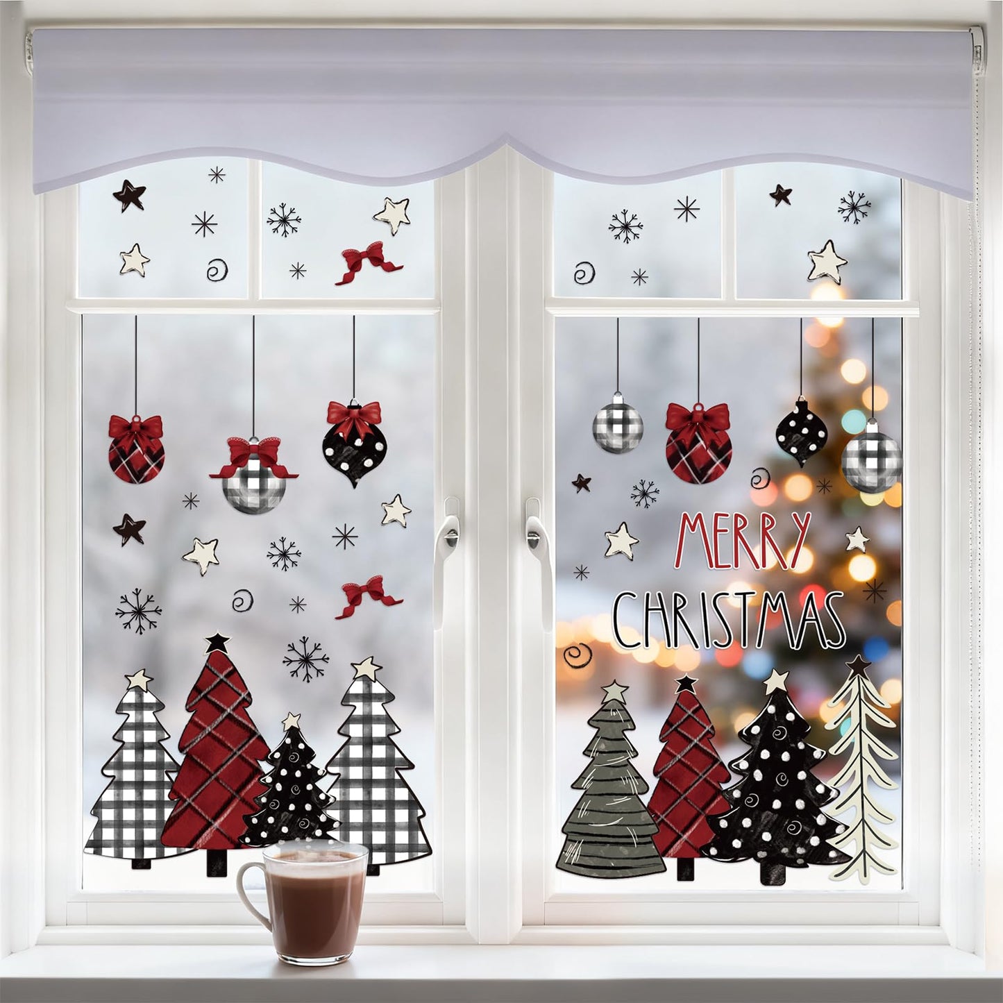 Whaline 9 Sheets Merry Christmas Window Clings Red Black Xmas Tree Ball Snowflake Window Stickers Plaid Polka Dot Design Double-Side Glass Decals for Home Party Decorations, 7.9 x 11.8 Inch