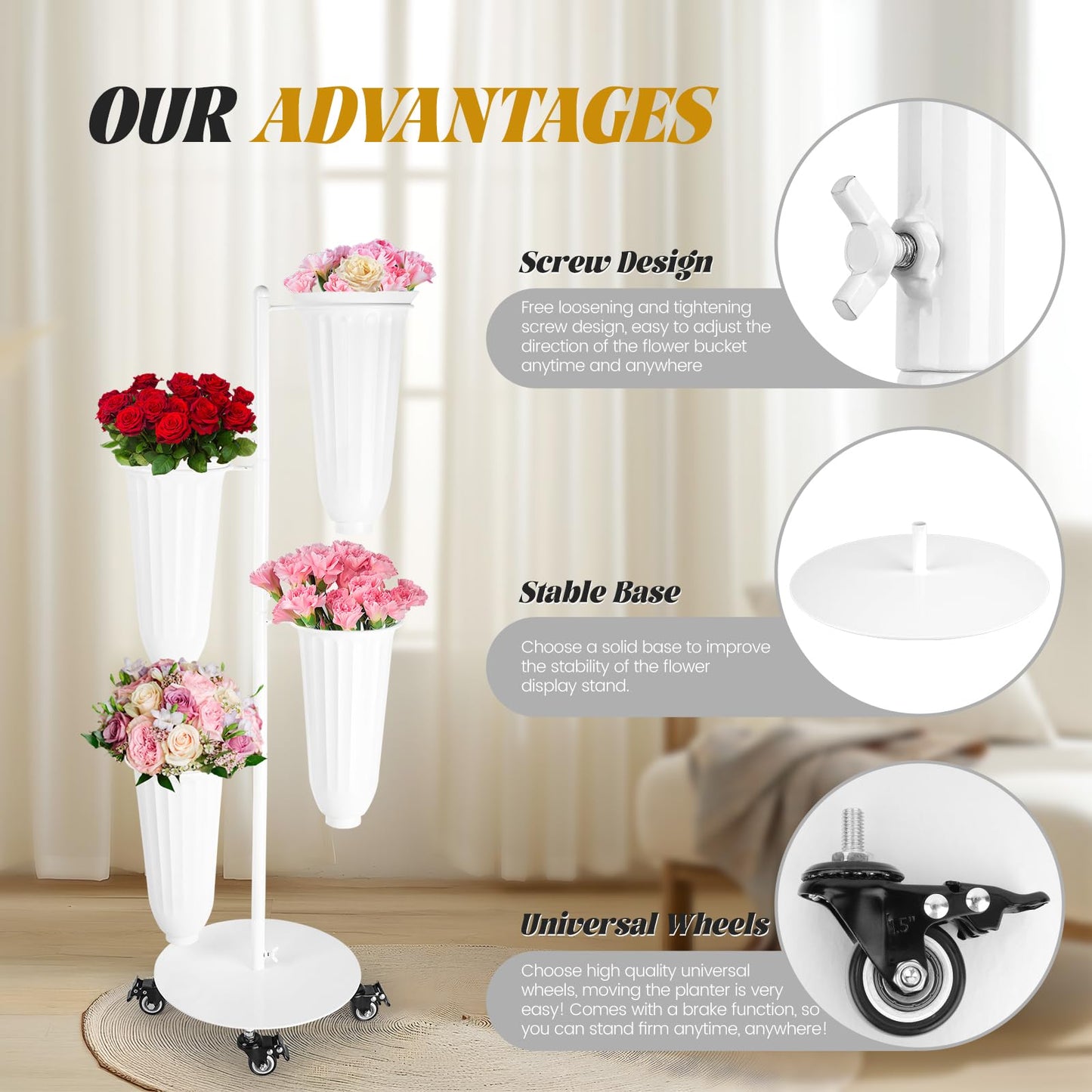 LEALIBAUSS Metal Flower Bar Stand With 4 Buckets Flower Cart Display Stand with Wheels Floral Bar for Wedding,Garden Events Party Decor (WHITE)