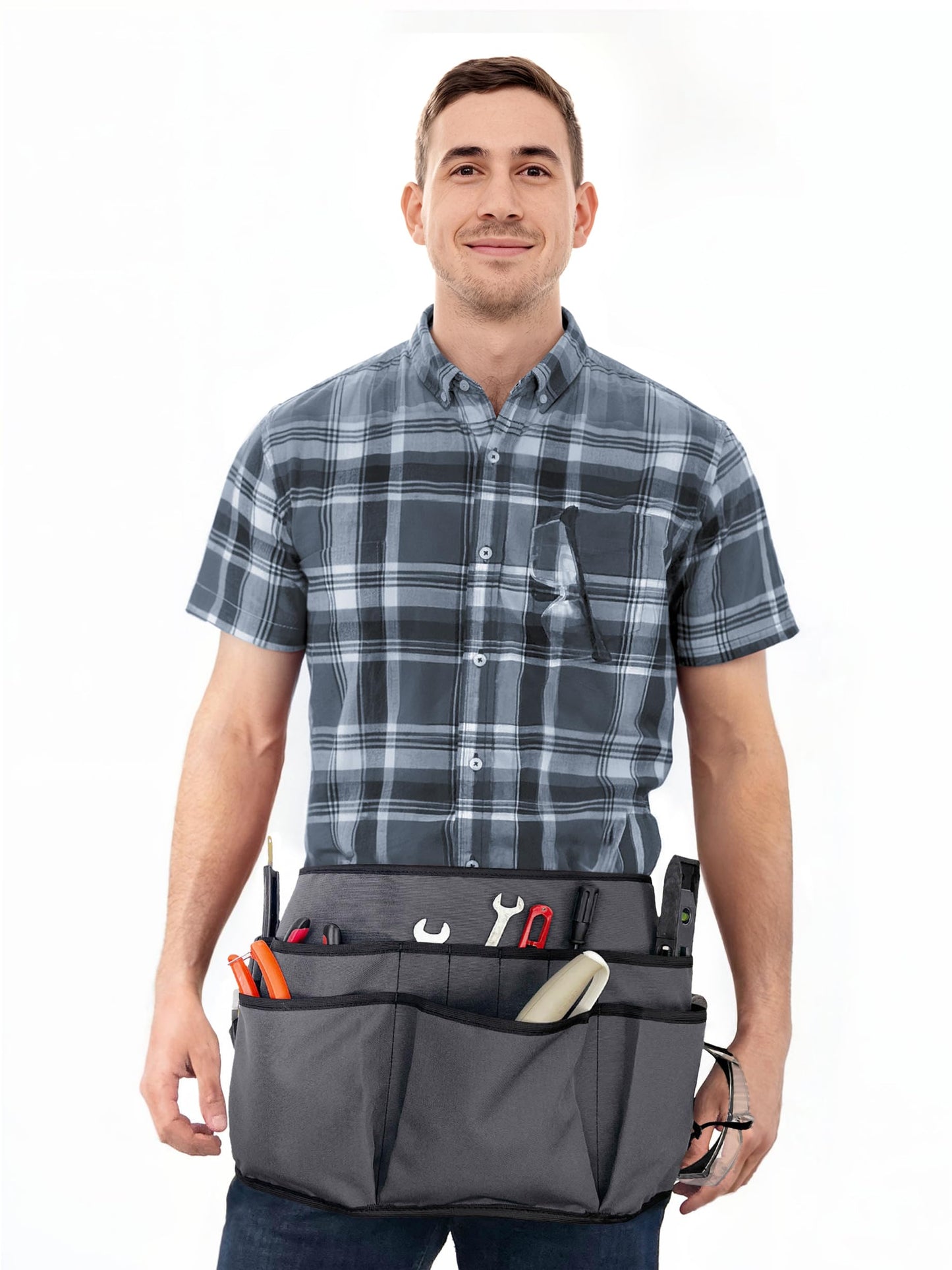Under NY Sky Tool Pouch - 12 Pockets, 2 Loops, 1 Hammer Loop - Heavy Duty Oxford Canvas - Tool Belt Apron Adjustable for Men, Women - Mechanic, Shop, Electrician, Gardener, Makers (Tool Belt Gray)