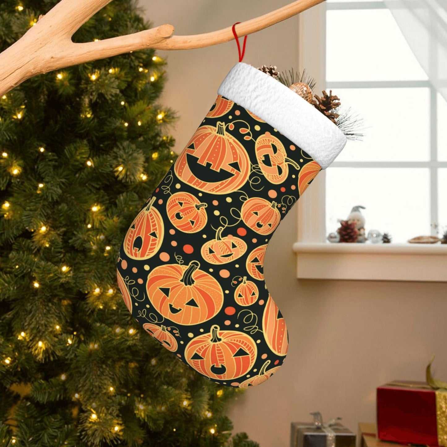Halloween Pumpkin Christmas Stockings Hanging Decoration Stockings 17.7 Inch Xmas Stockings for Fireplace Family Party Holiday Decor 1PCS