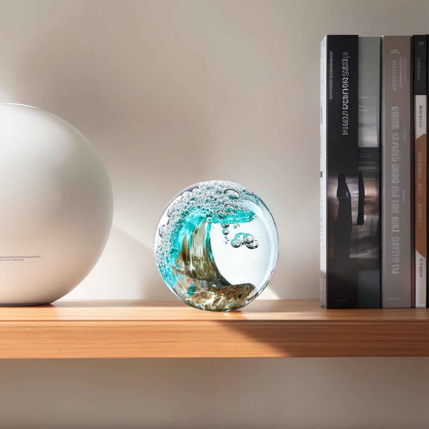 Hand Blown Glass Ocean Wave Ball, 2.3" Blue Sea Wave Crystal Figurine Paperweight, Decorative Glass Sphere Ornament for Home Office, Nautical Decor Collectible, Birthday Gift for Ocean Lovers