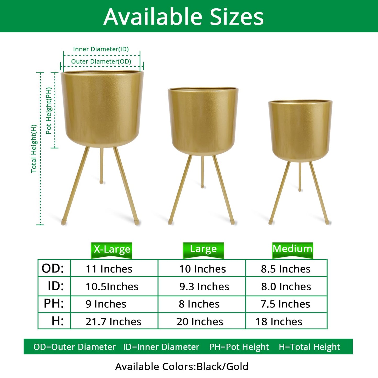 magarz Mid-Century Metal Flowerpot with Stands, Gold Stylish Modern Floor-Standing Flowerpot,Suitable for Orchid, Aloe Indoor Outdoor Decoration 8.5'' Wide 18'' high
