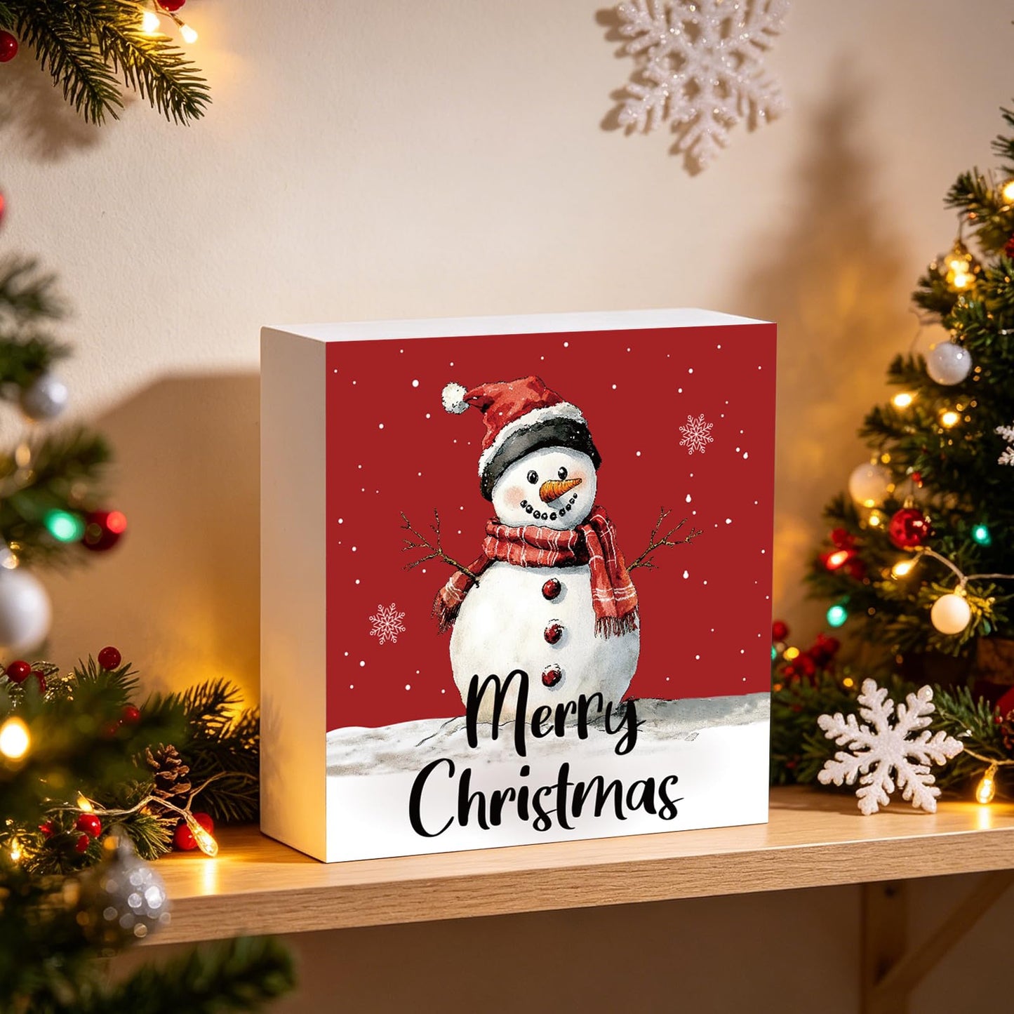 Christmas Decorations Indoor Christmas Decor Table Winter Home Room Snowman Office Bathroom Wood Box Sign Rustic Wooden Shelf Desk Decor Season Sign House Warming Gifts 5.9 x 5.9 Inch