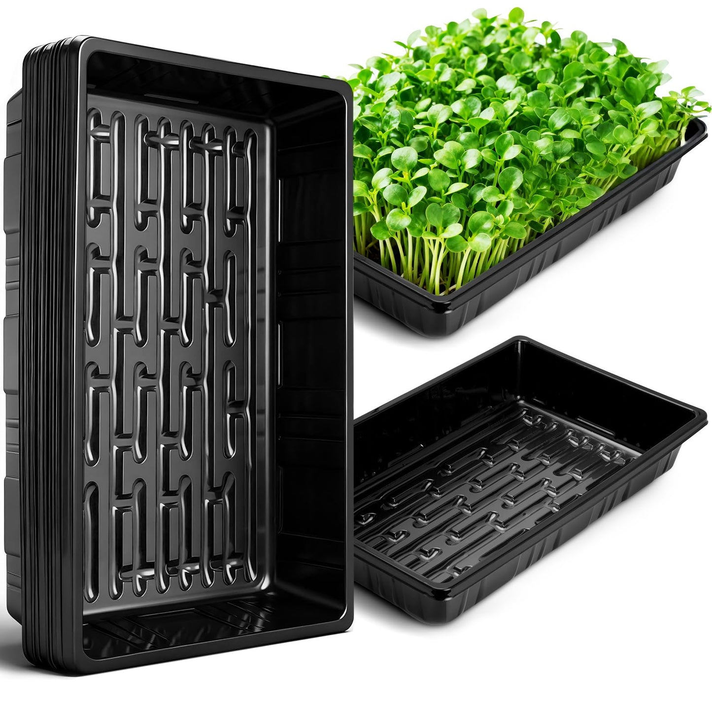 Sckee Upgraded 10 Pack Plant Growing Trays Seed Starting Tray Microgreens Growing Trays Seedling Plant Germination Starter Tray Transplant Fodder Flats, No Holes, No Leakage, Reusable (1015)