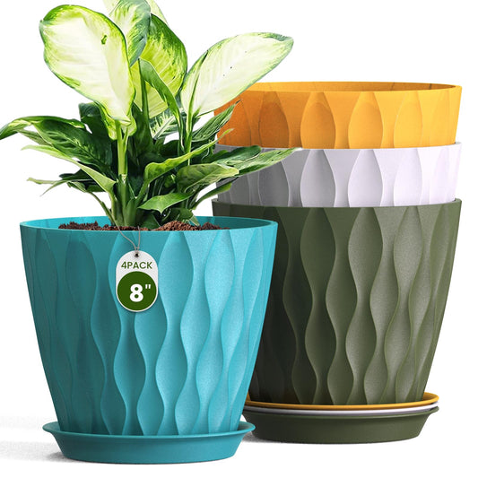 Areutxbis 8" Water Wave Plant Pots with Drainage Holes & Saucers, 4 Pack Modern Textured Medium Planters for Indoor Outdoor Plants, Decorative Flower Pots Repotting Set for Flowers, Herbs (Multicolor)
