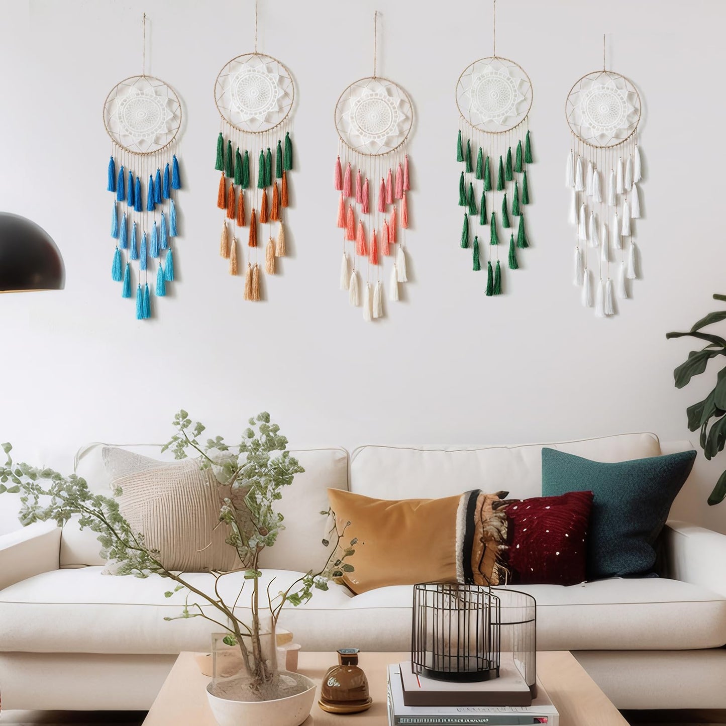 Artilady Macrame Dream Catchers for Bedroom - Tassel Wall Hanging Handmade Dreamcatchers Home Decor with Tassel Feather Ornament Craft Blessing Gift (Green Mix)