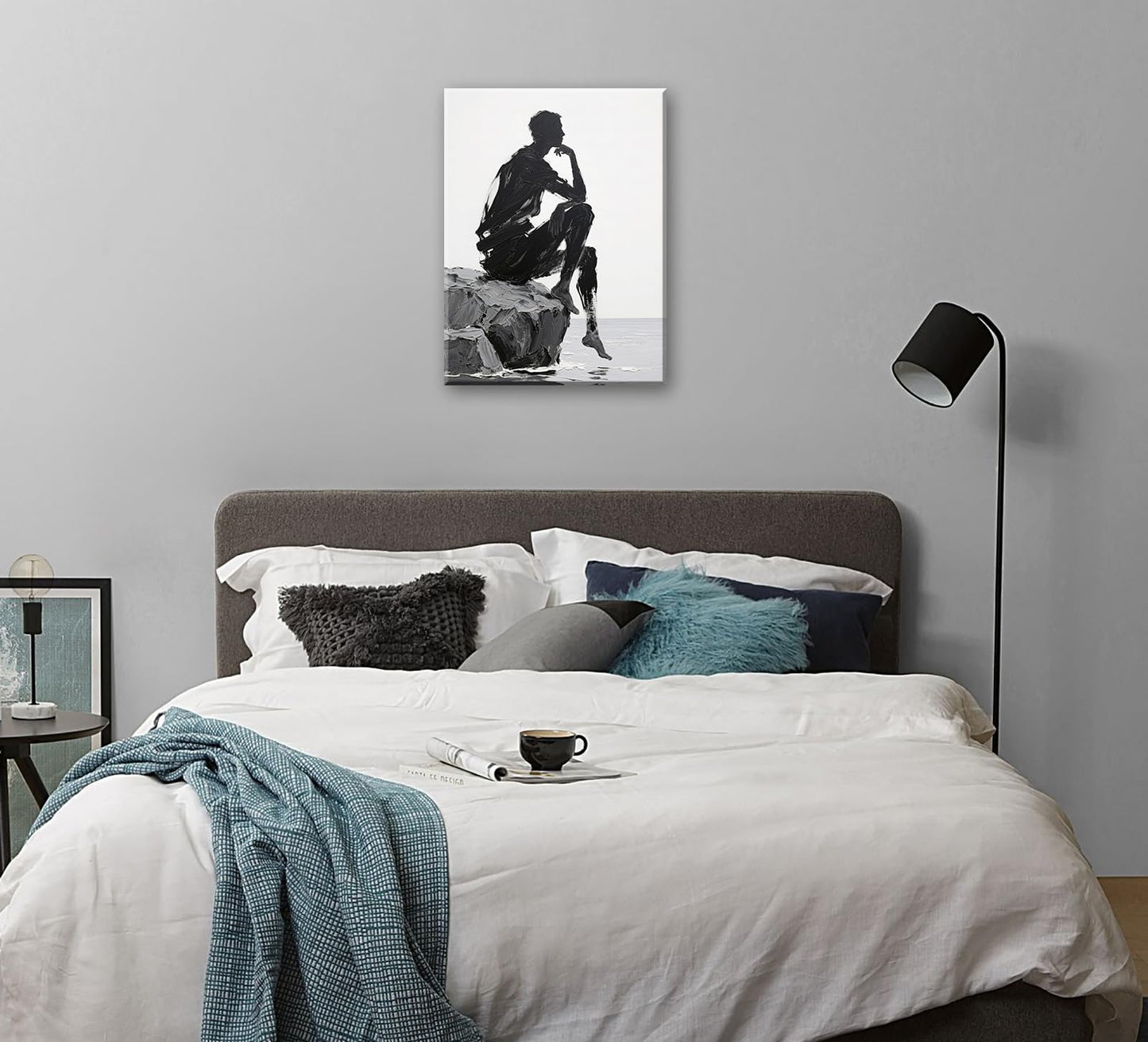 Black White Abstract Figure Wall Art Decor Modern 3D Textured Black White Grey Pictures Poster Minimalist Abstract People Canvas Painting Prints Artwork for Living Room Bedroom Framed 12x16 Inch