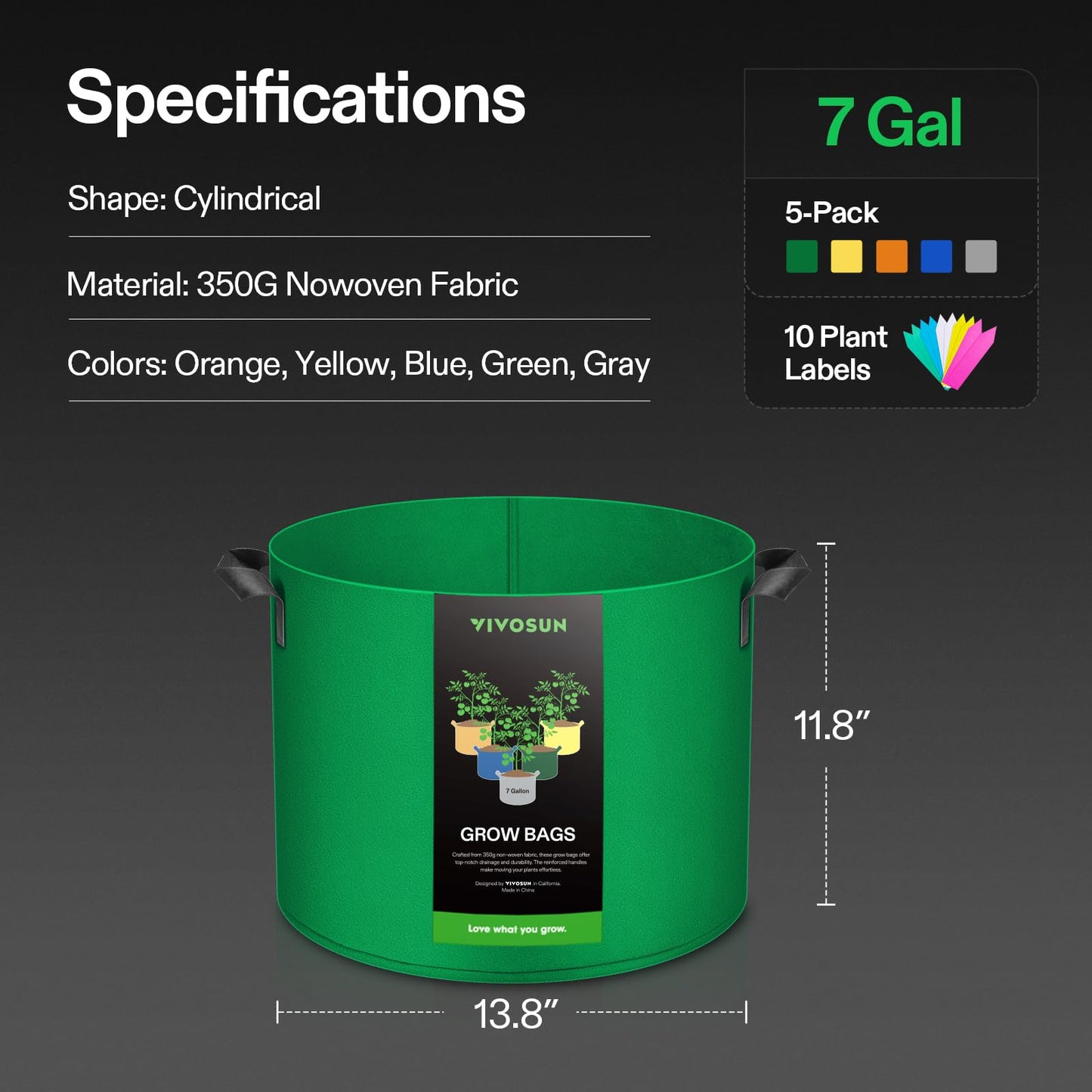VIVOSUN 5-Pack 7-Gallon Colored Grow Bags, 350G Thick nonwoven Fabric Pots with Handles for Flowers, Fruits and Vegetables