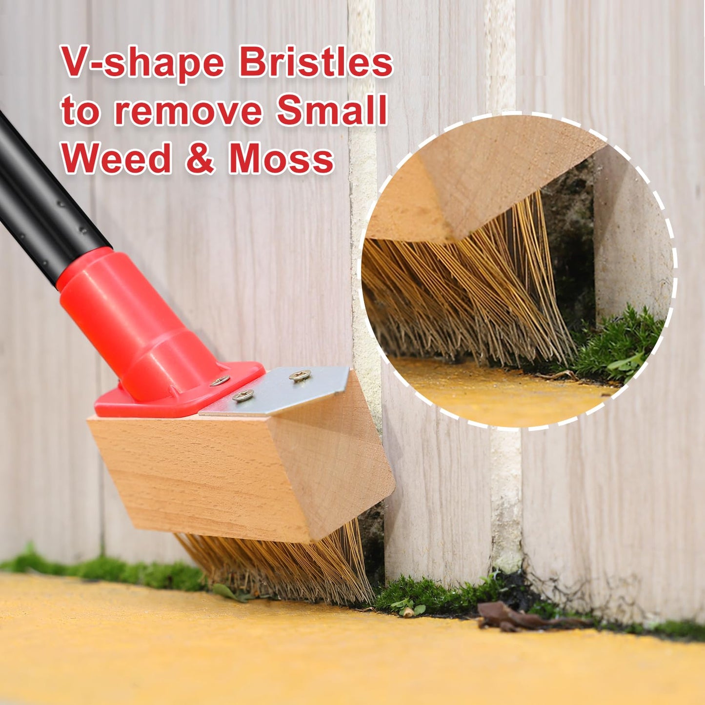Mitclear Moss Remove Brush with Long Handle(53IN), Deck Crevice Cleaning Tool, Weed Remover with Wire Brush & Metal Blade, Crack Moss Remover for Pavement Driveway Patio Sidewalk Paver(3 Brush Heads)