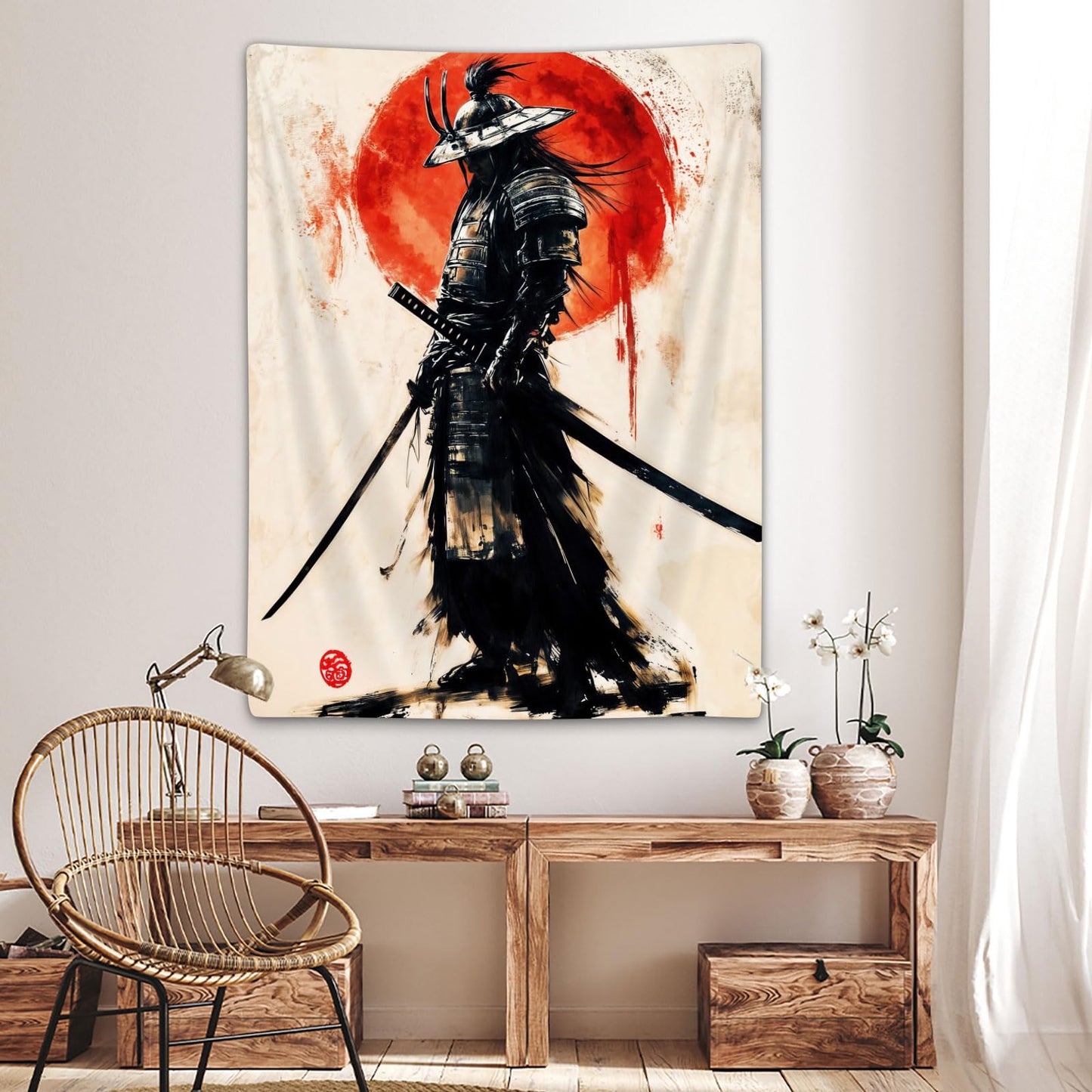 Sanzugh Anime Japanese Samurai Tapestry, Cool Japan Black and Red Sun Art Tapestries Wall Hanging for Men Boys Bedroom Decor 40X60 Poster